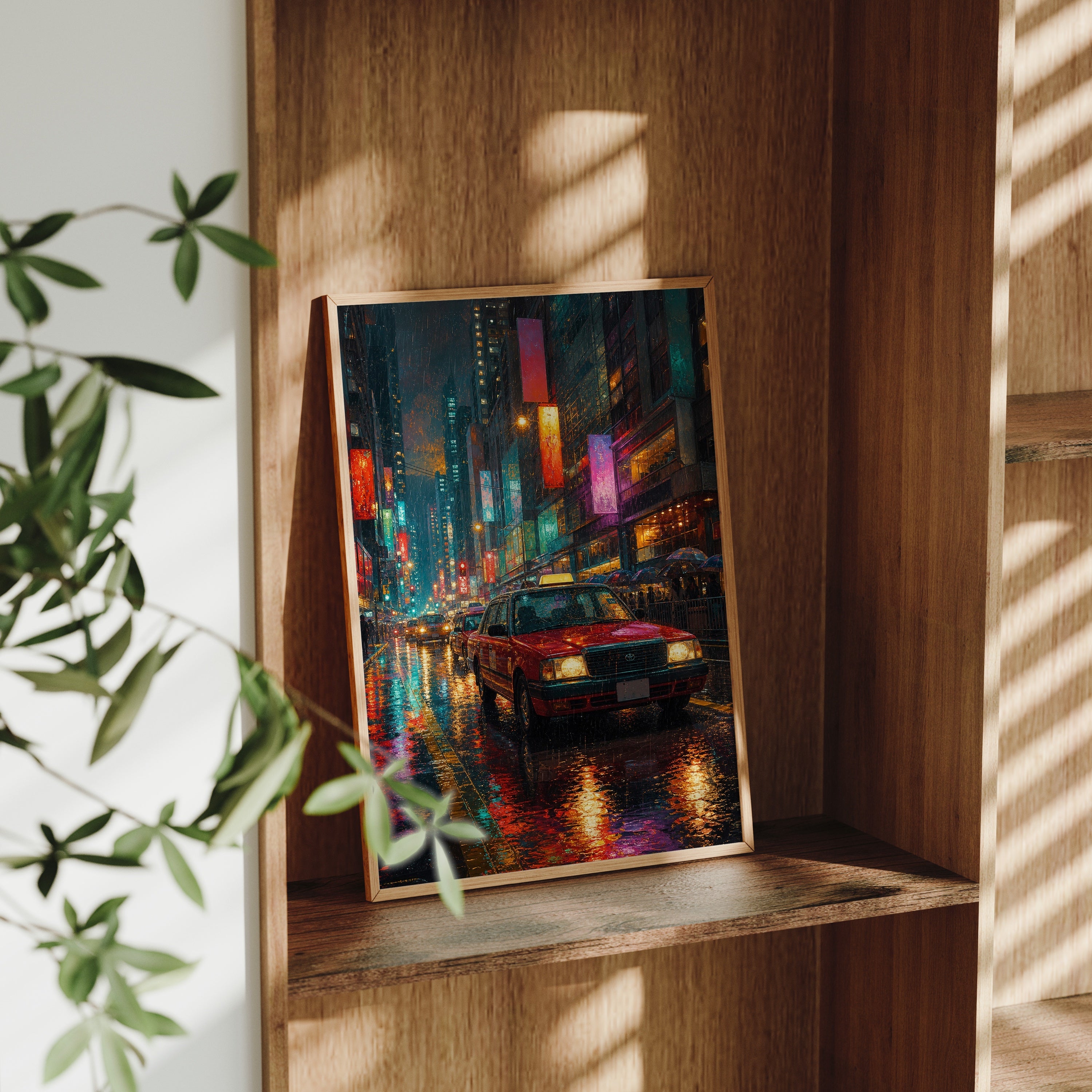 Neon Taxi Rain Street poster gallery shelf mockup by Seji Art