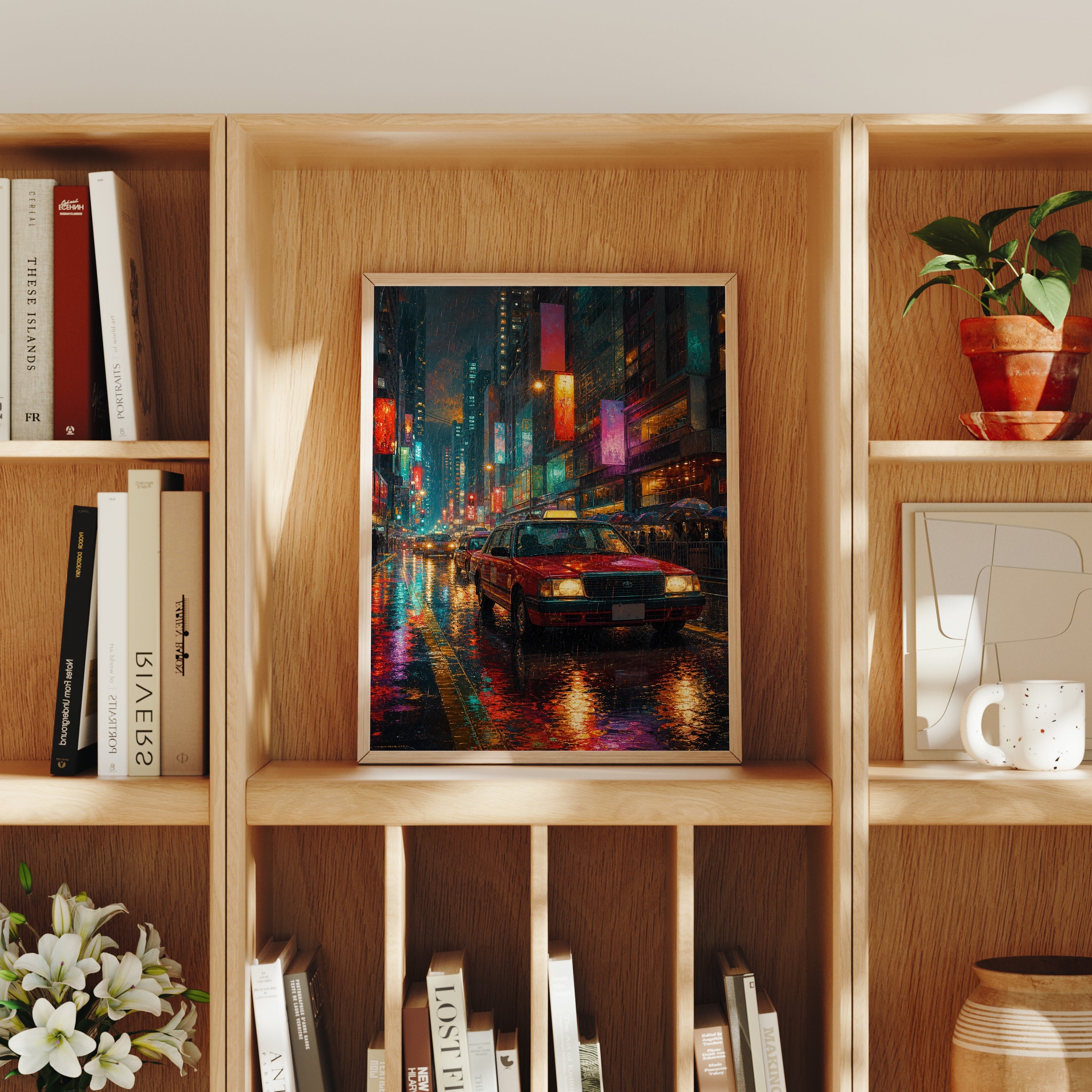 Neon Taxi Rain Street poster home decor mockup by Seji Art