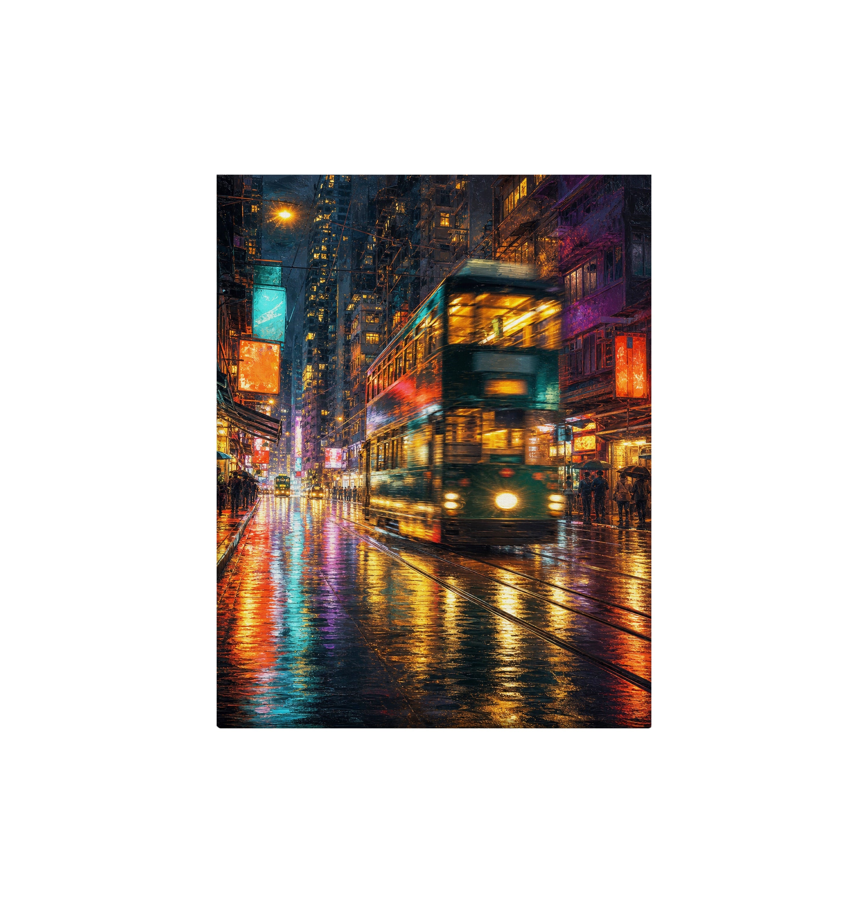 Neon Tram Rain Street canvas wall art preview by Seji Art