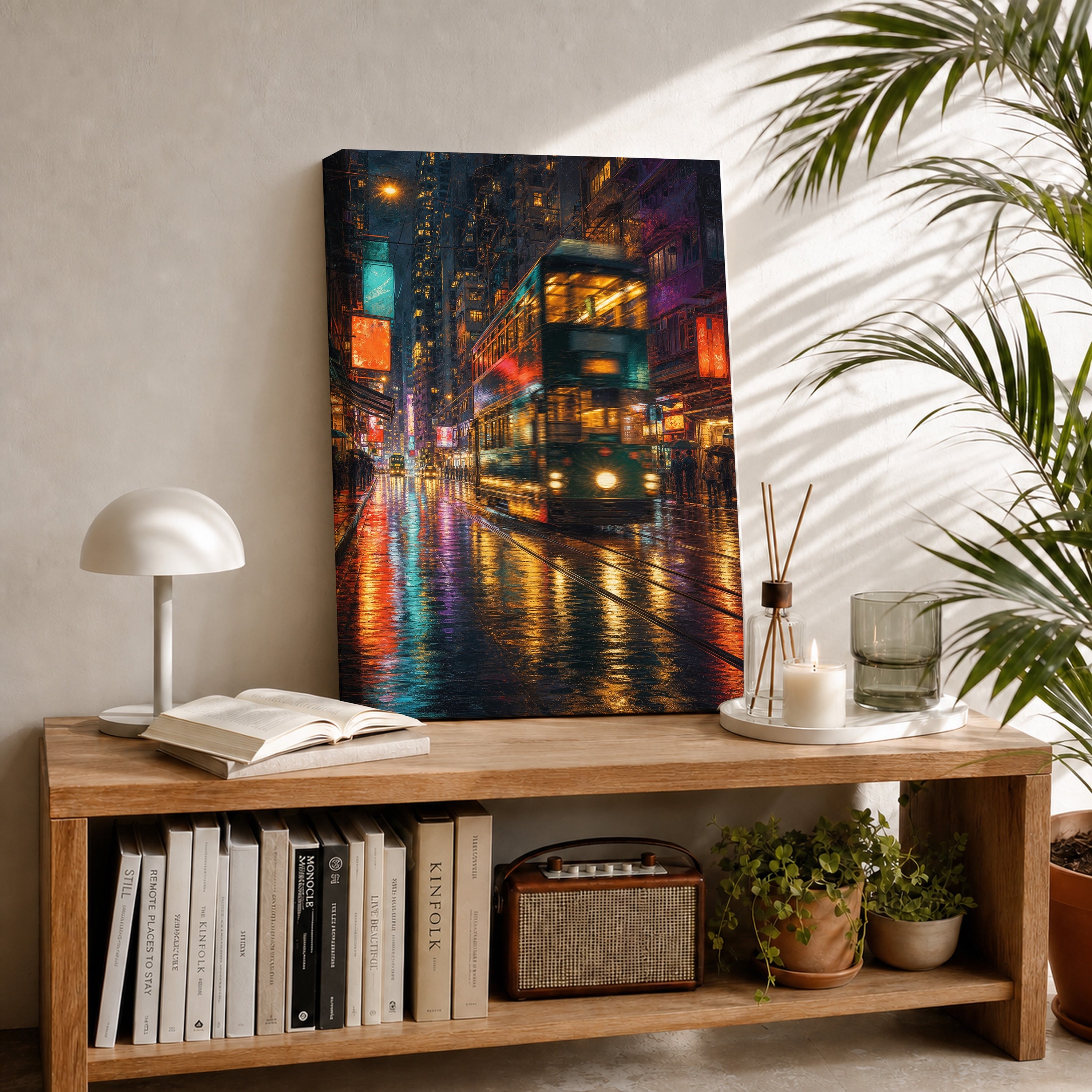 Neon Tram Rain Street canvas room mockup by Seji Art