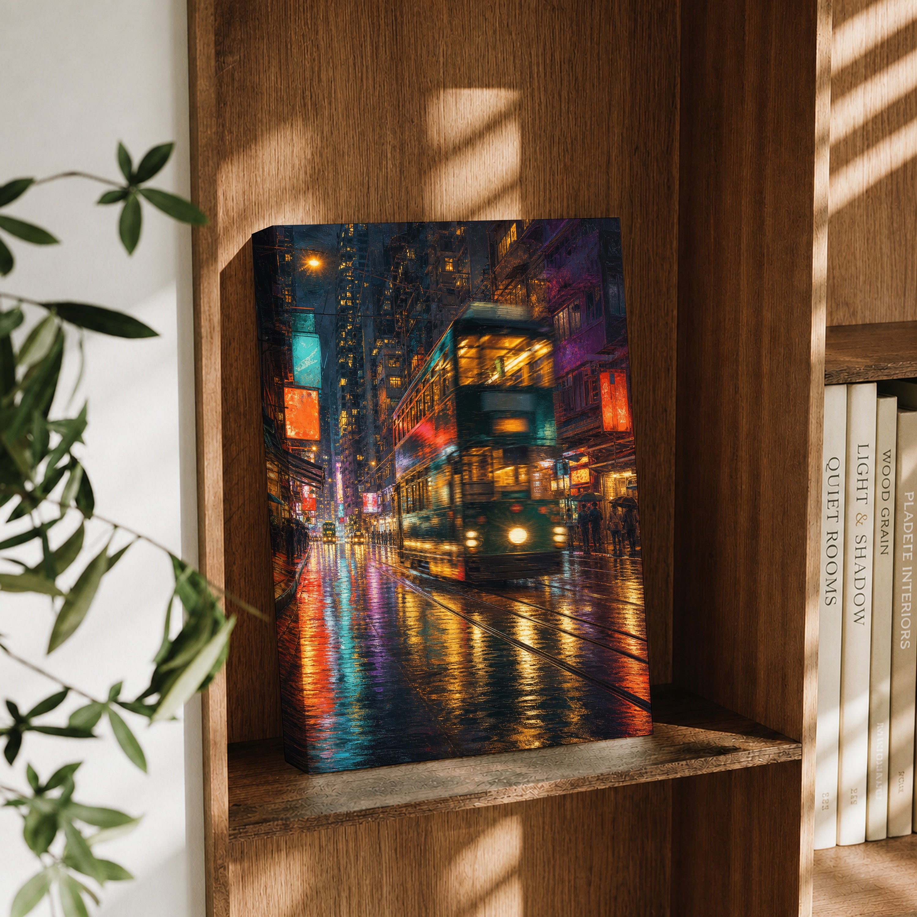 Neon Tram Rain Street canvas wall art decor mockup by Seji Art