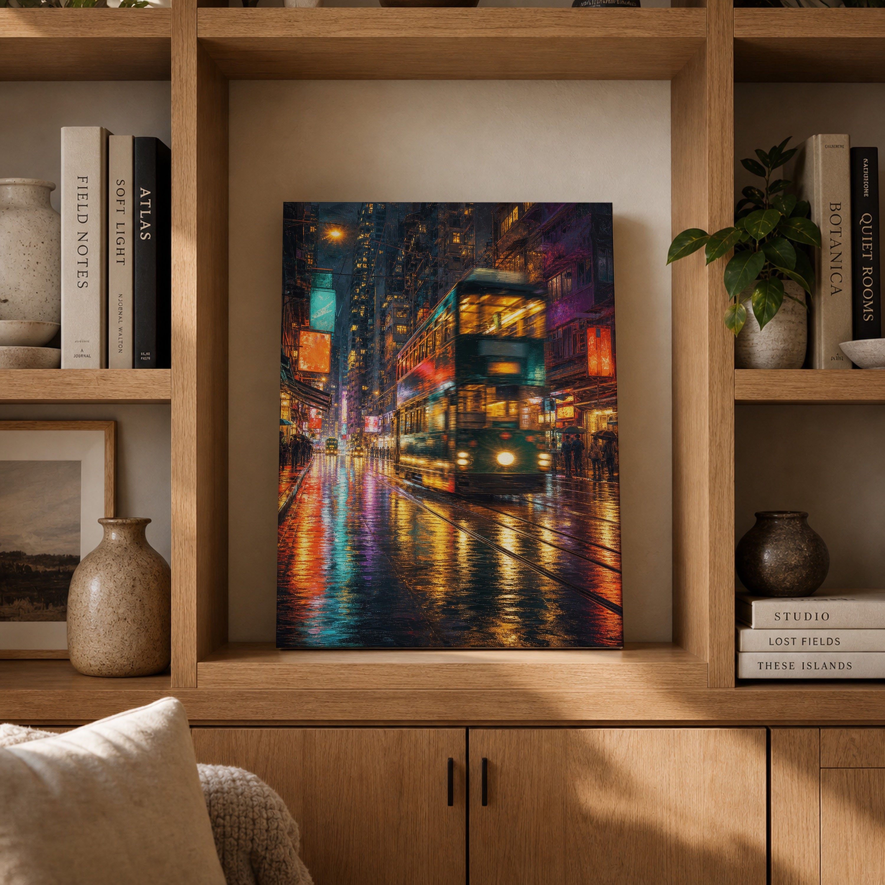 Neon Tram Rain Street canvas gallery shelf mockup by Seji Art