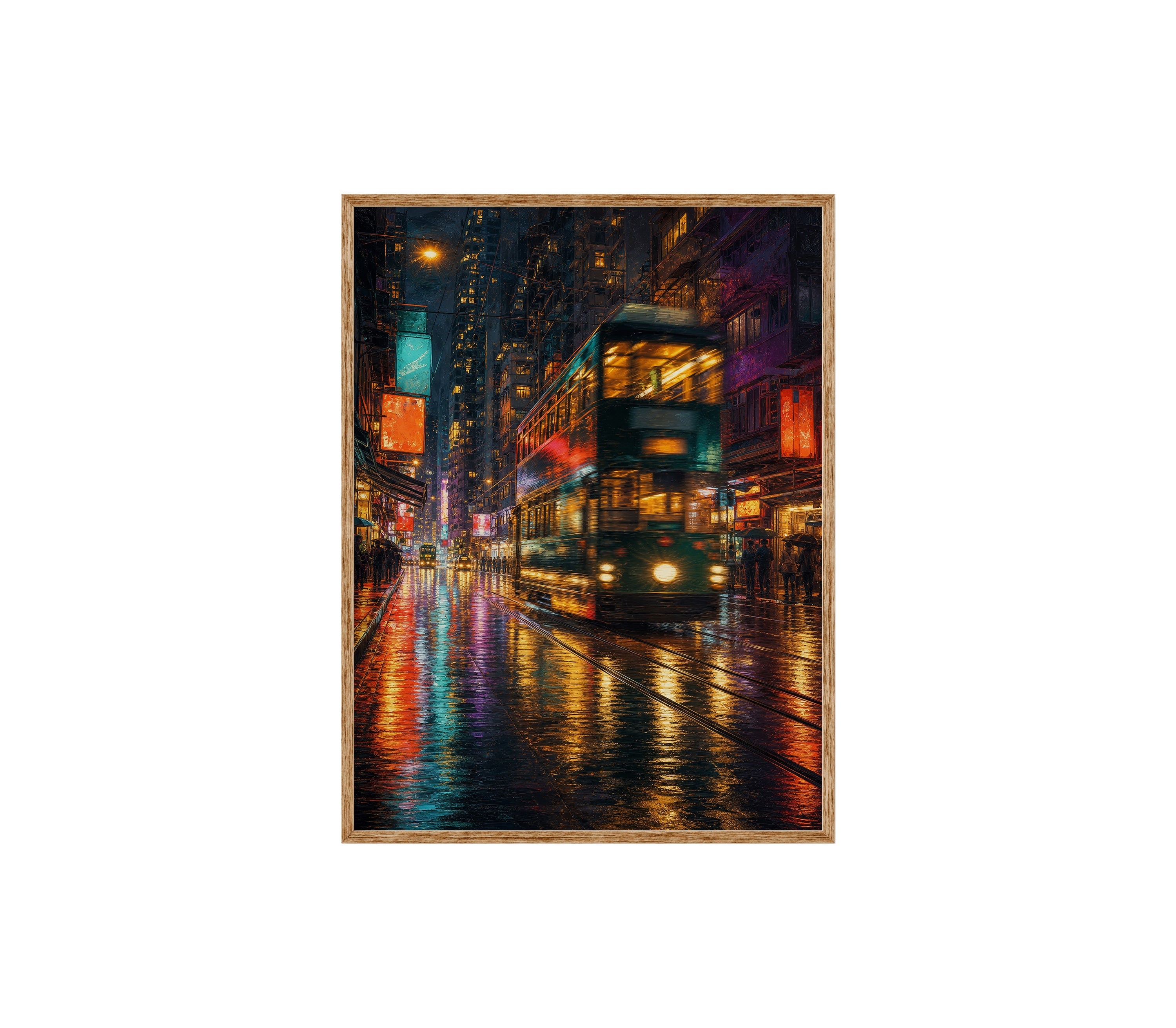 Neon Tram Rain Street poster print preview by Seji Art
