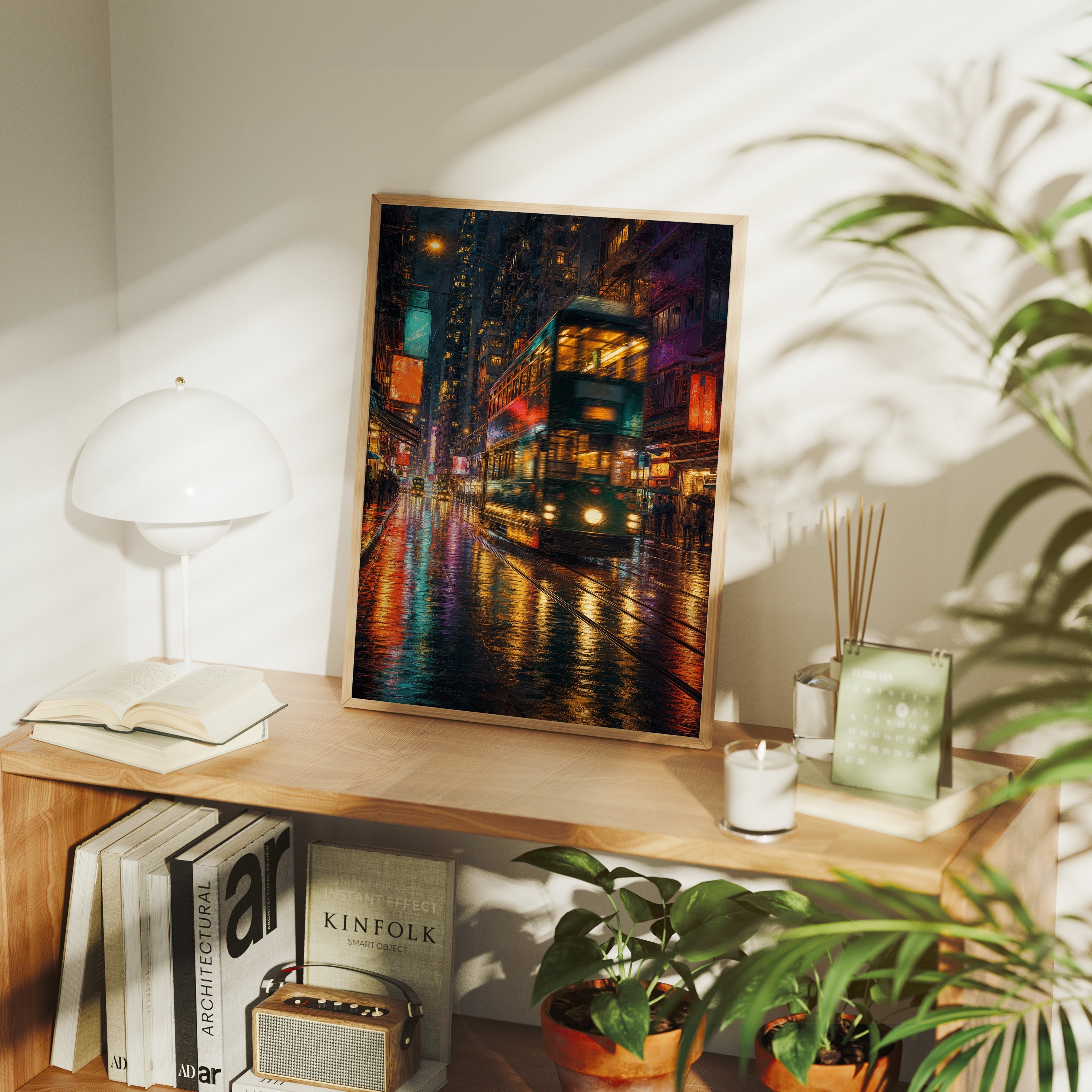 Neon Tram Rain Street poster framed room mockup by Seji Art