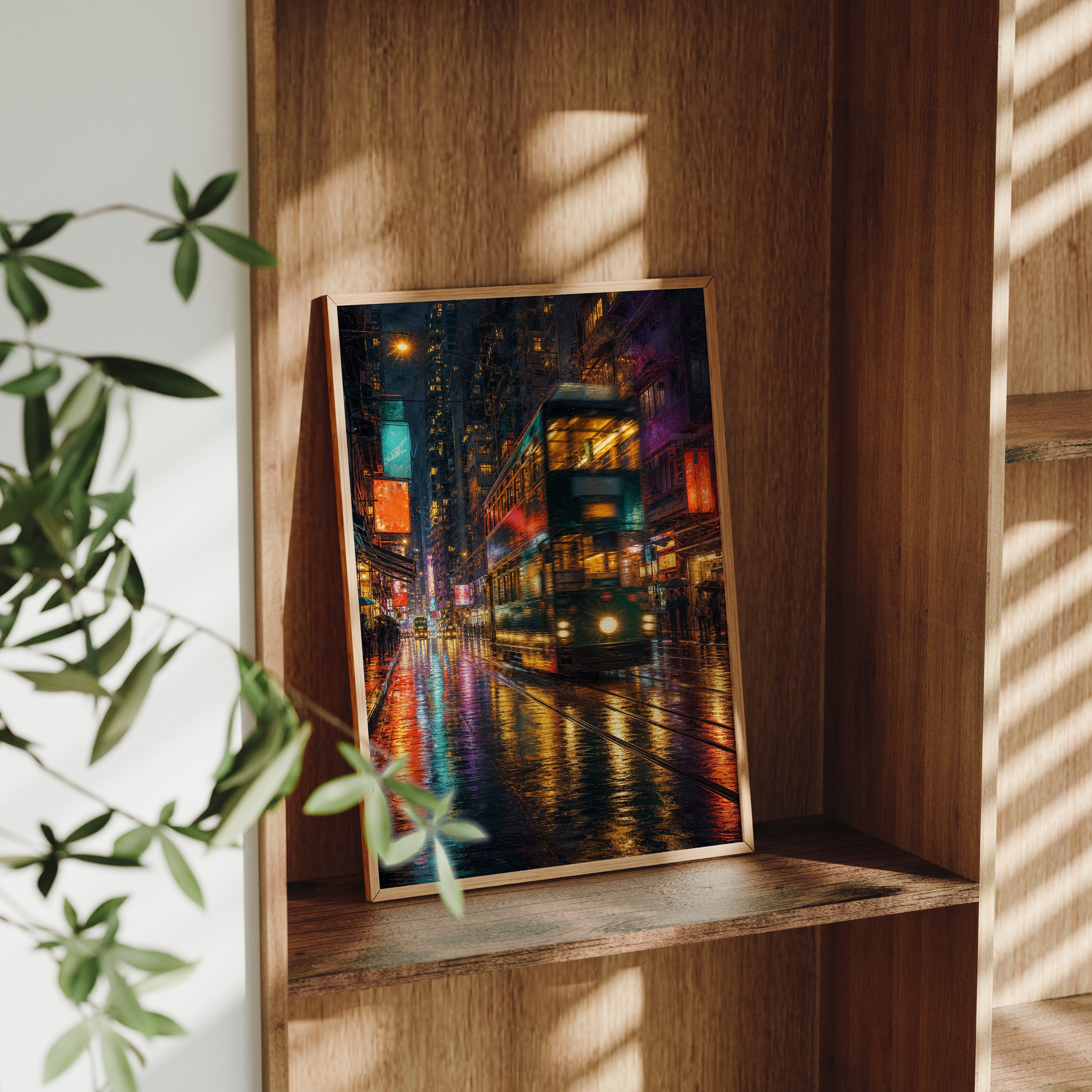 Neon Tram Rain Street poster gallery shelf mockup by Seji Art