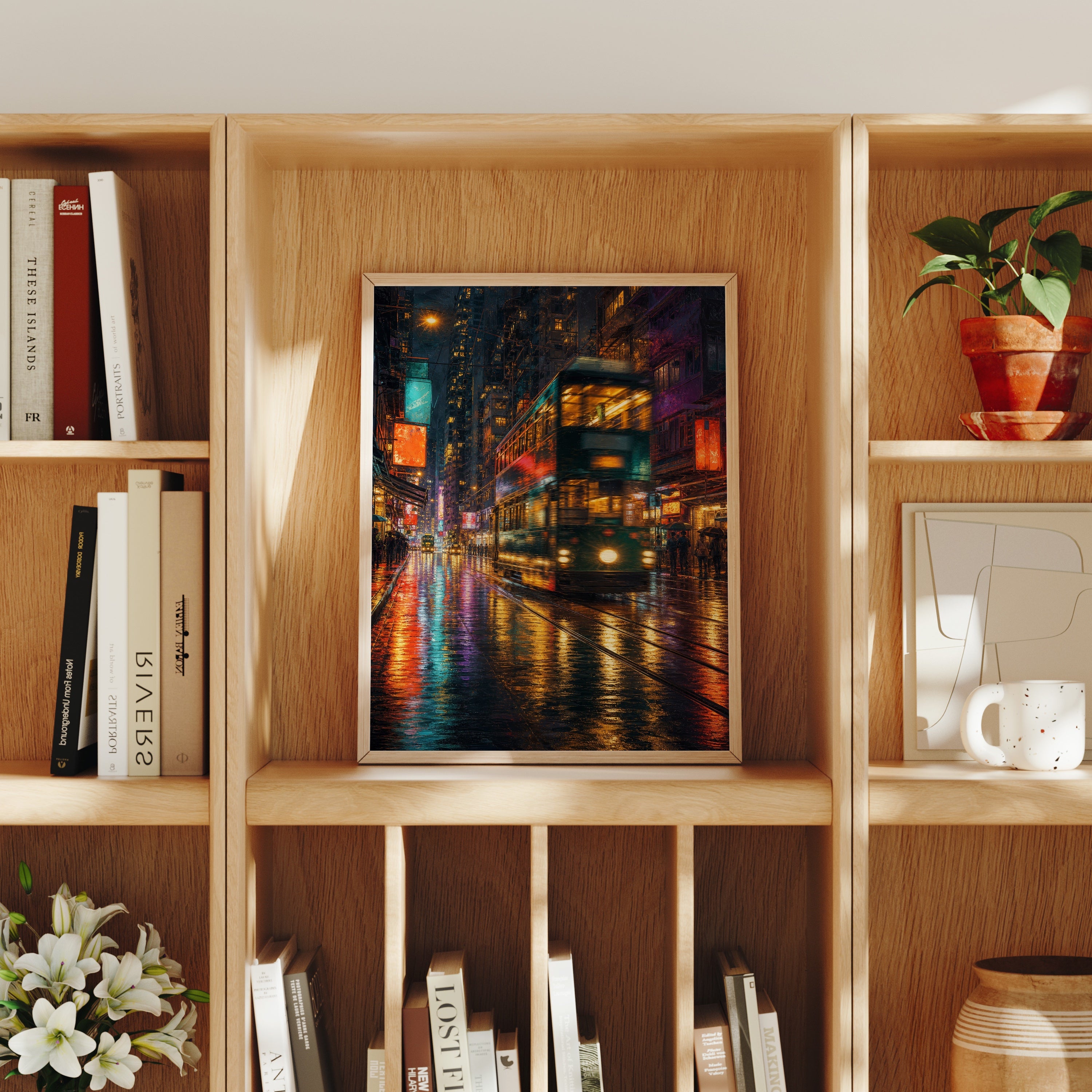 Neon Tram Rain Street poster home decor mockup by Seji Art