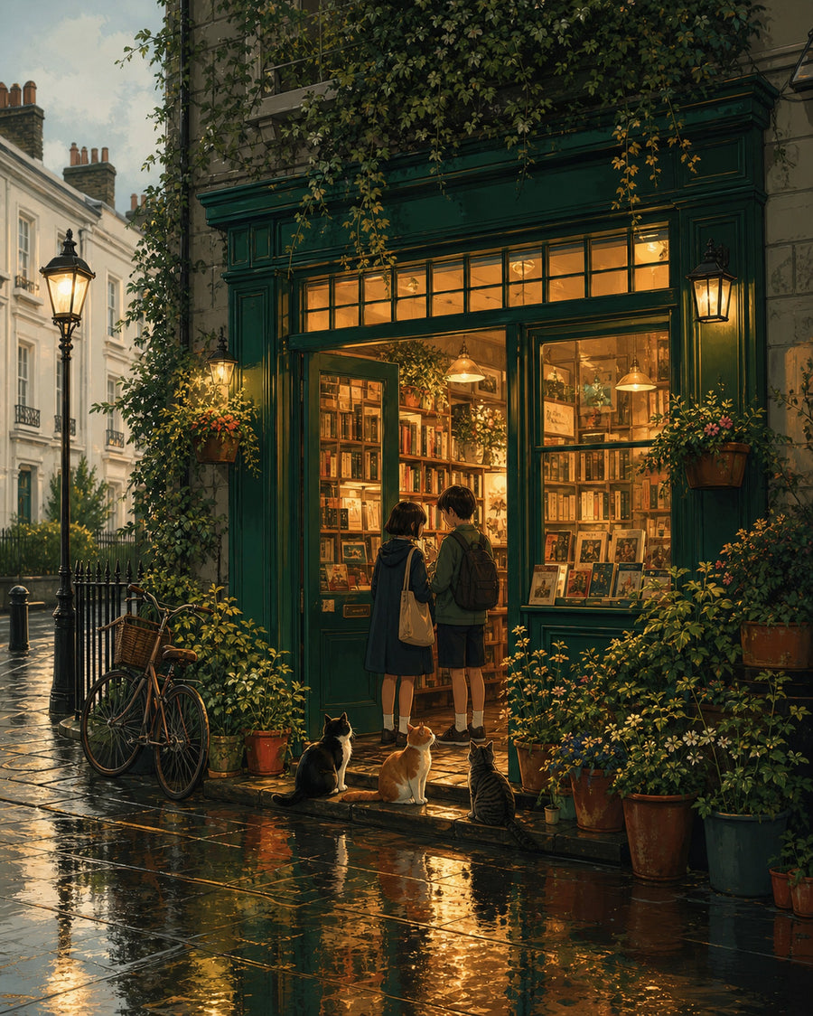 Notting Hill London After Rain Bookshop Glow wall art print by Seji Art