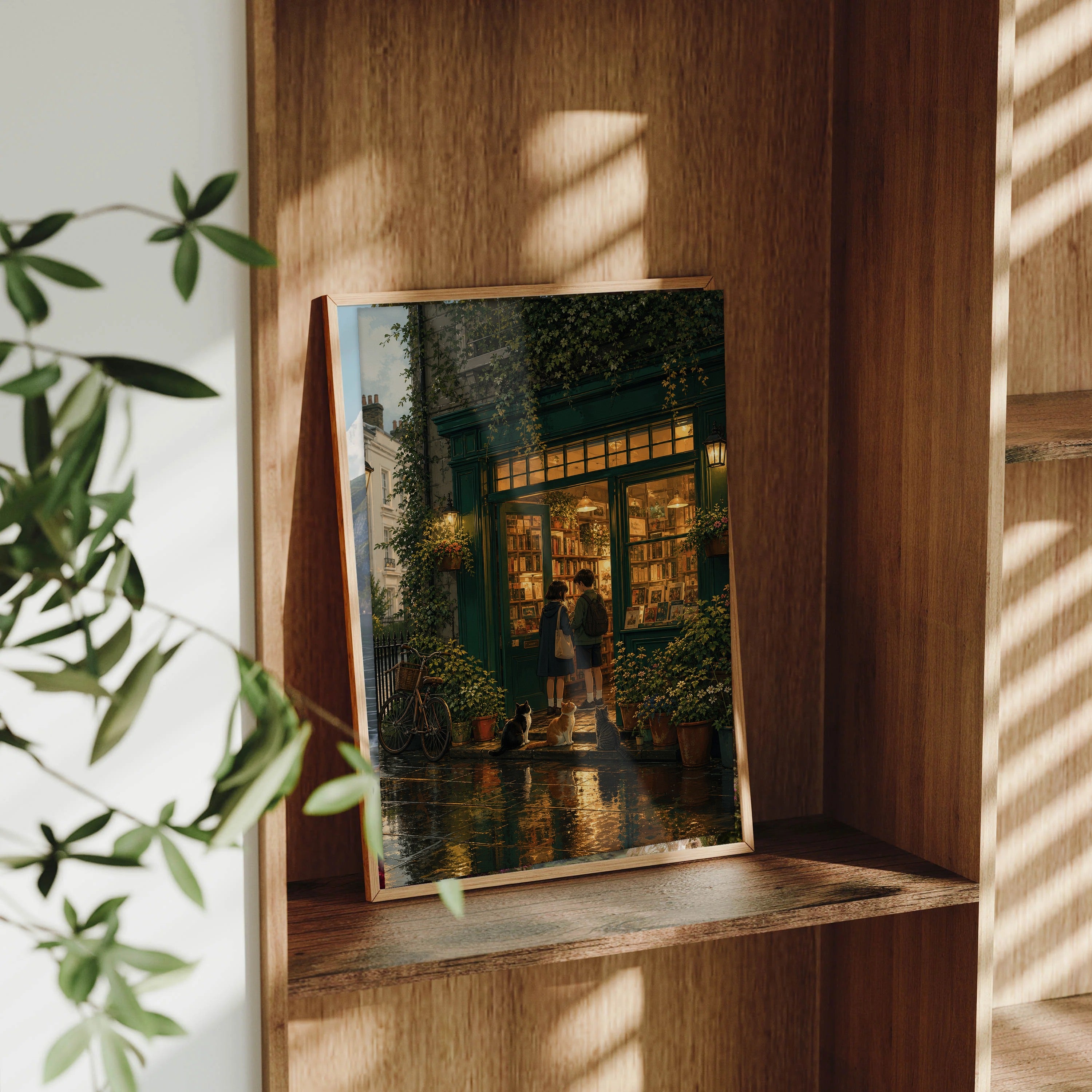 Notting Hill London After Rain Bookshop Glow framed wall art print mockup by Seji Art