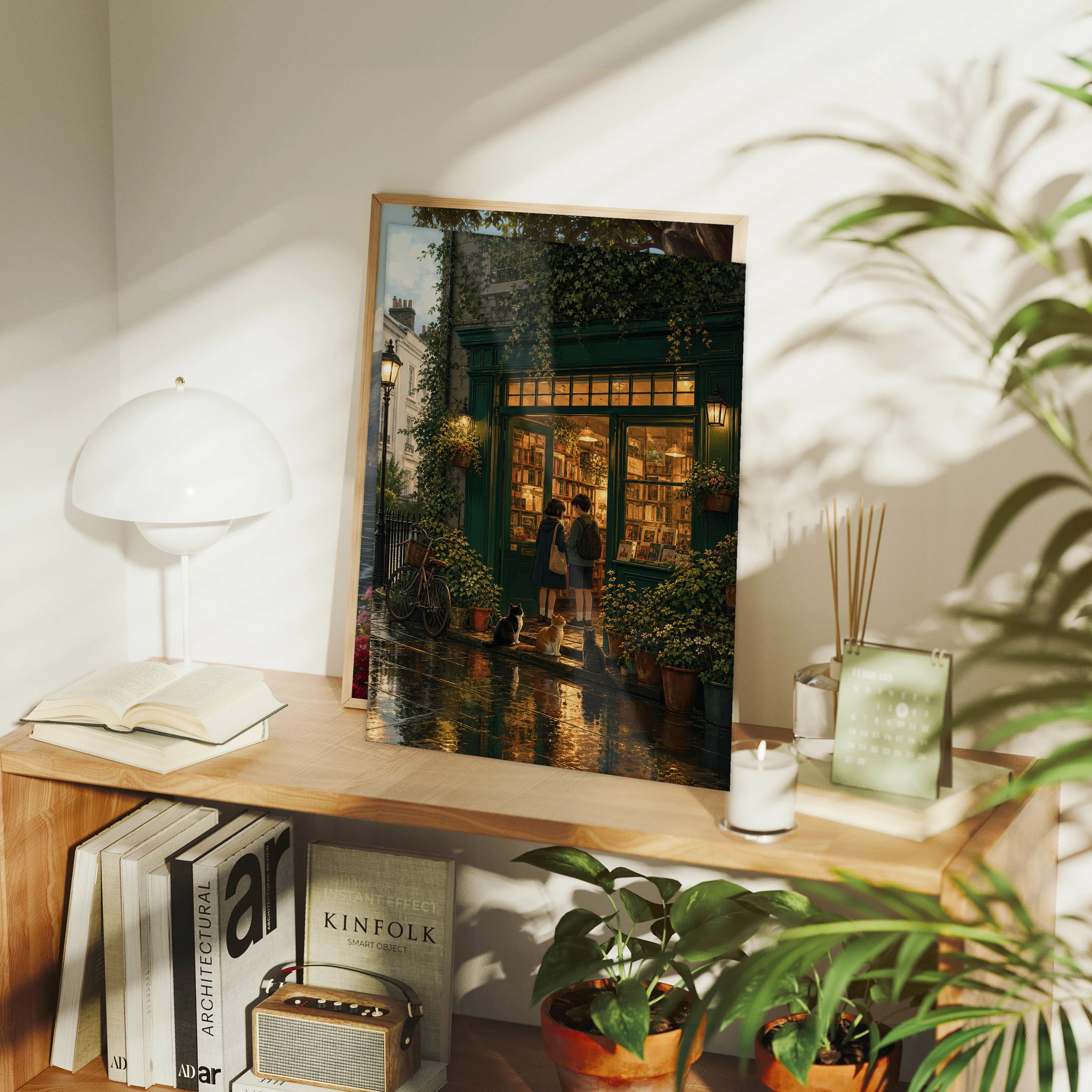 Notting Hill London After Rain Bookshop Glow framed wall art print mockup by Seji Art