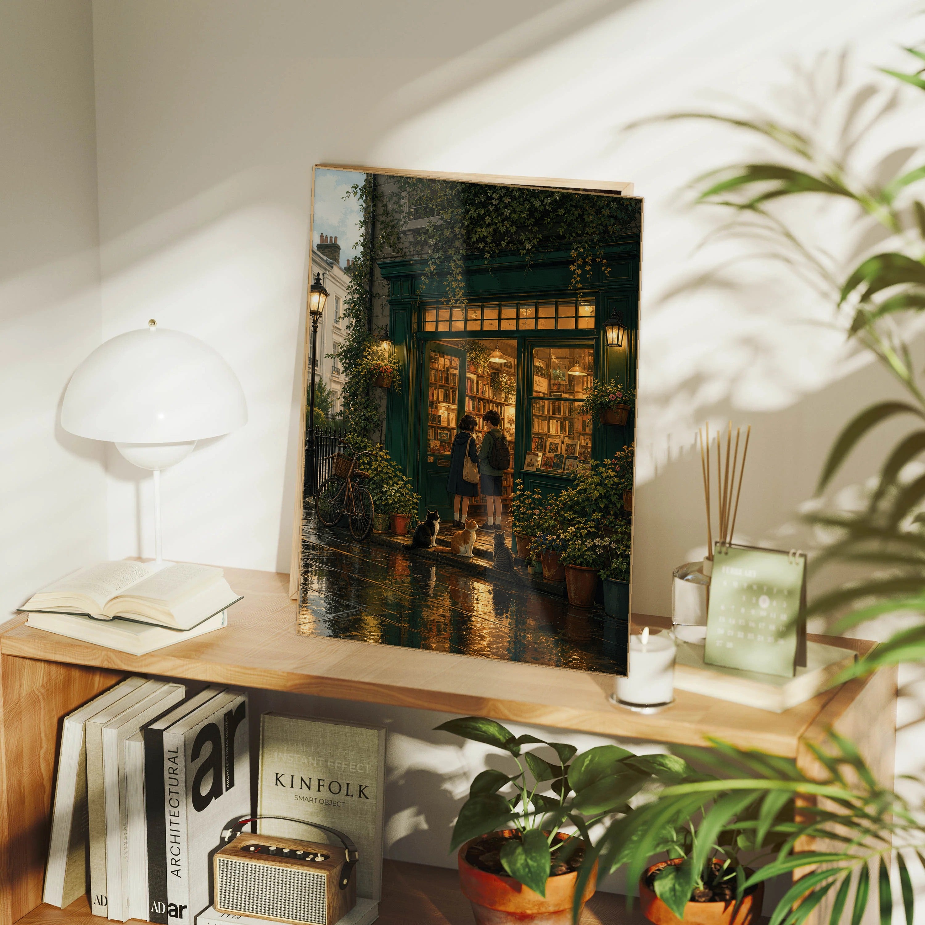 Notting Hill London After Rain Bookshop Glow framed wall art print mockup by Seji Art