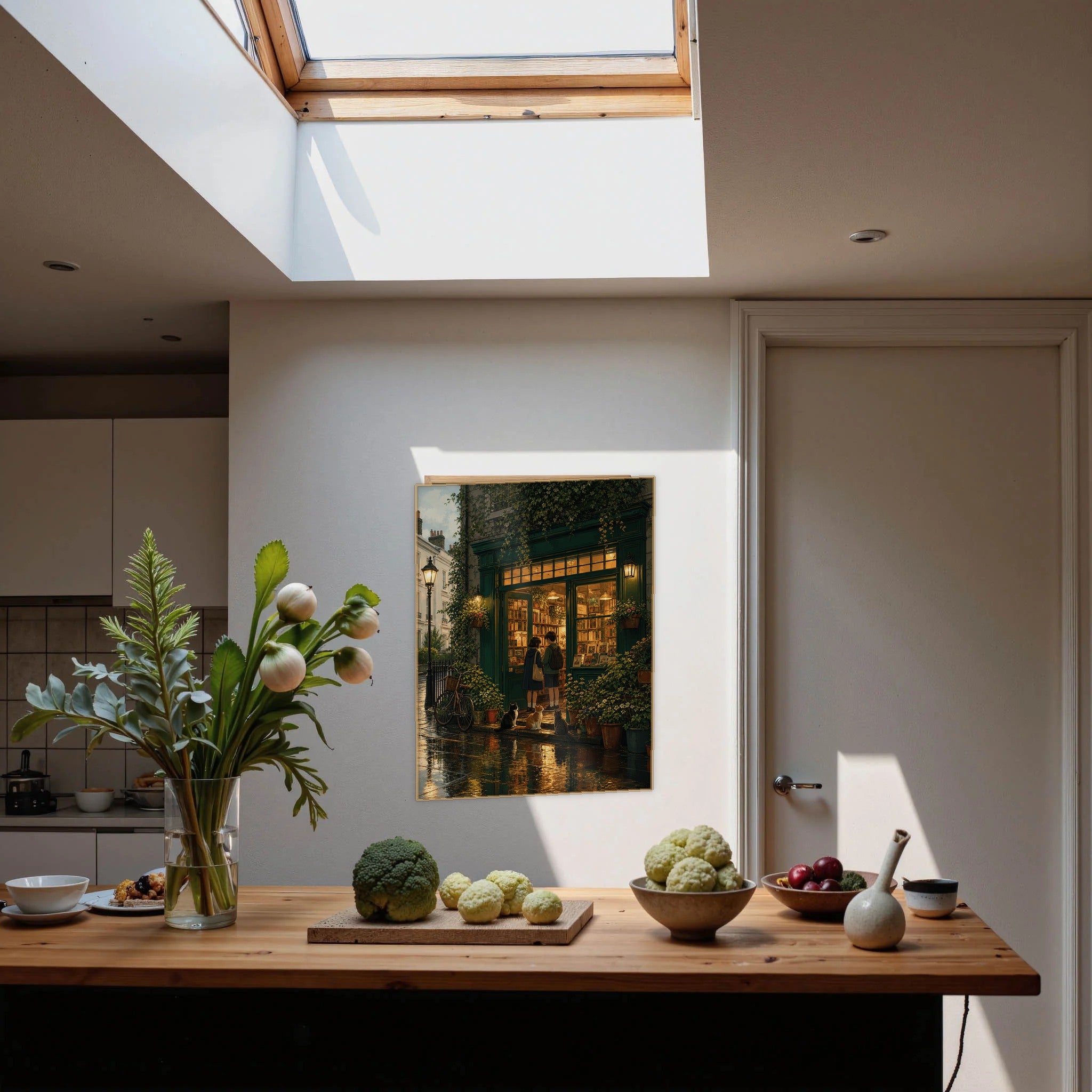 Notting Hill London After Rain Bookshop Glow framed wall art print mockup by Seji Art