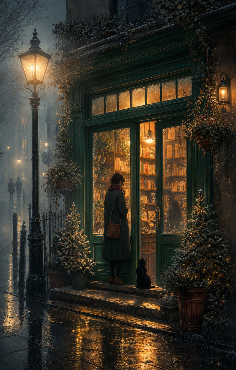 Notting Hill London Fogbound Midnight Bookshop wall art print by Seji Art