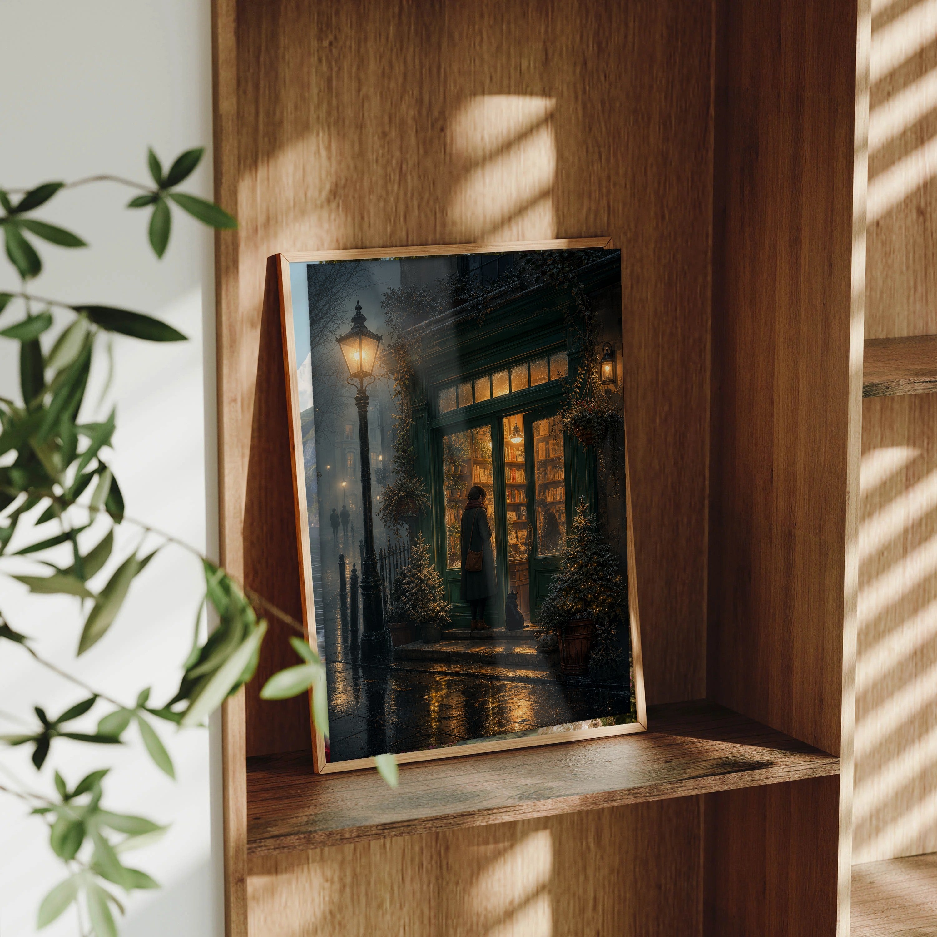 Notting Hill London Fogbound Midnight Bookshop framed wall art print mockup by Seji Art