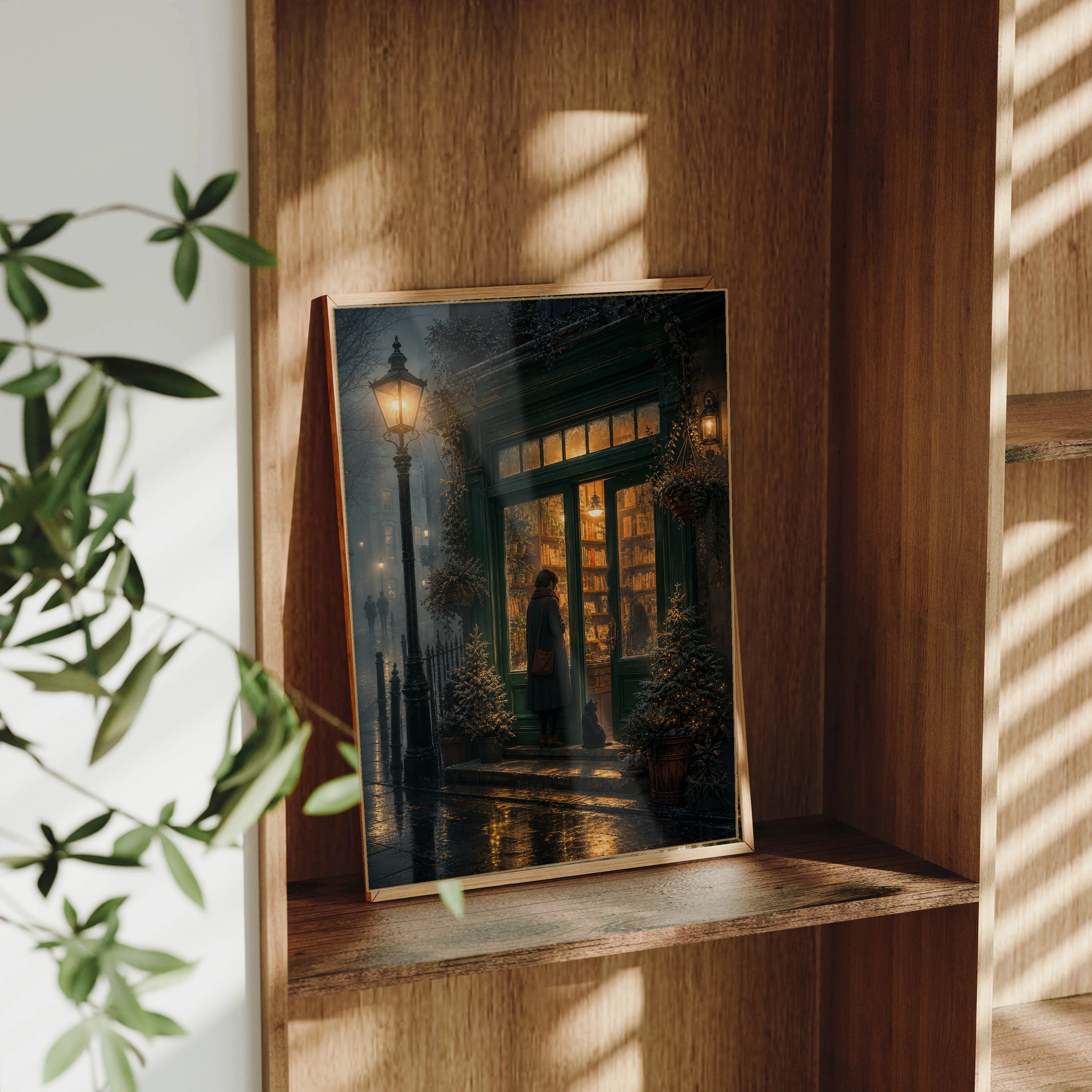 Notting Hill London Fogbound Midnight Bookshop framed wall art print mockup by Seji Art