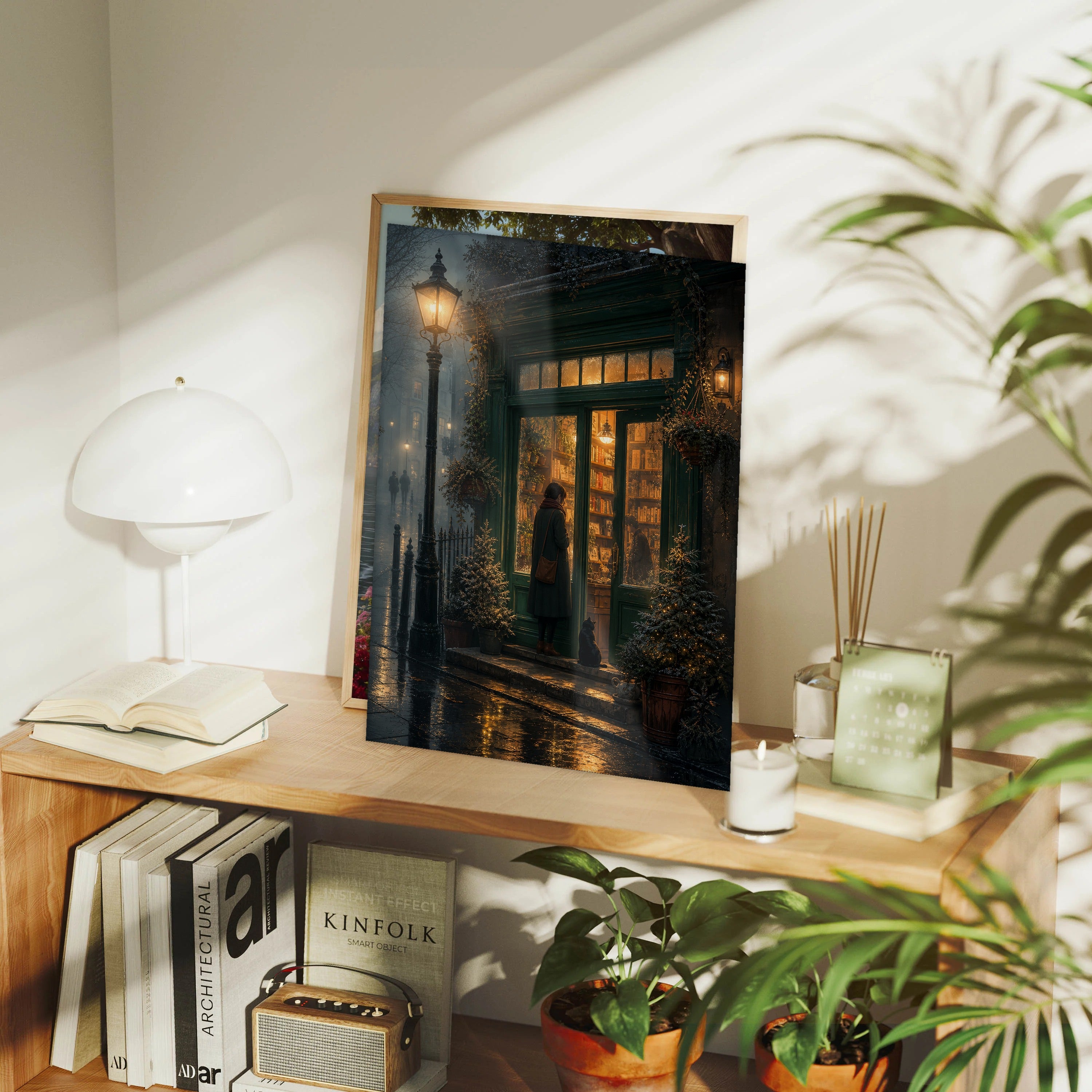 Notting Hill London Fogbound Midnight Bookshop framed wall art print mockup by Seji Art