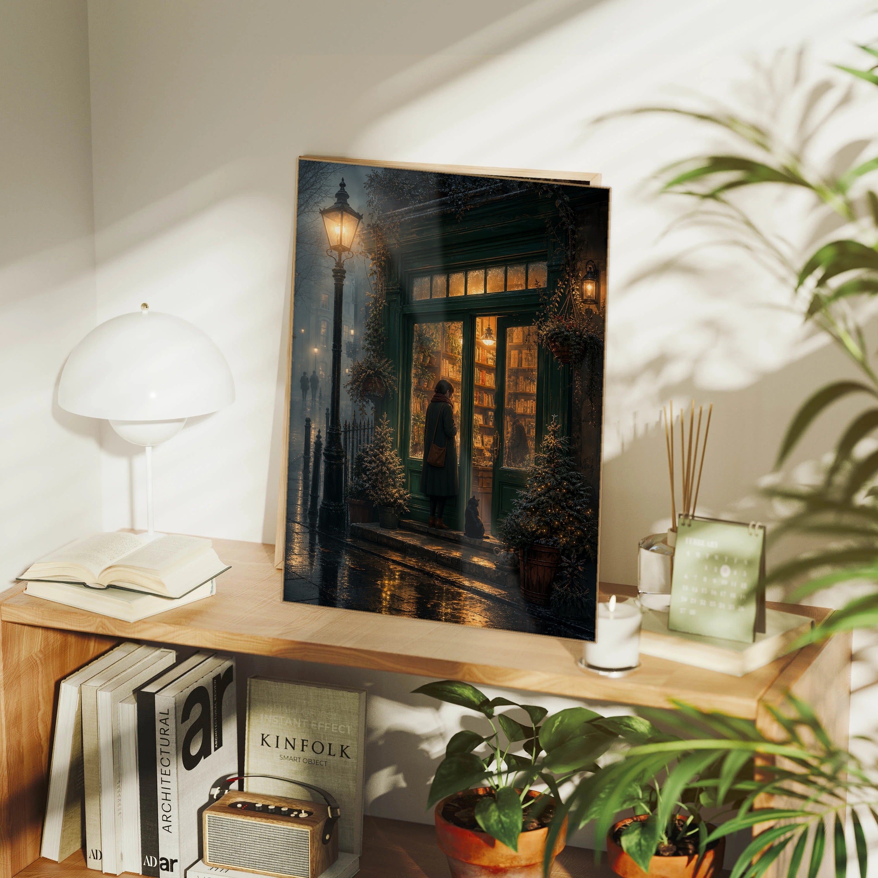 Notting Hill London Fogbound Midnight Bookshop framed wall art print mockup by Seji Art