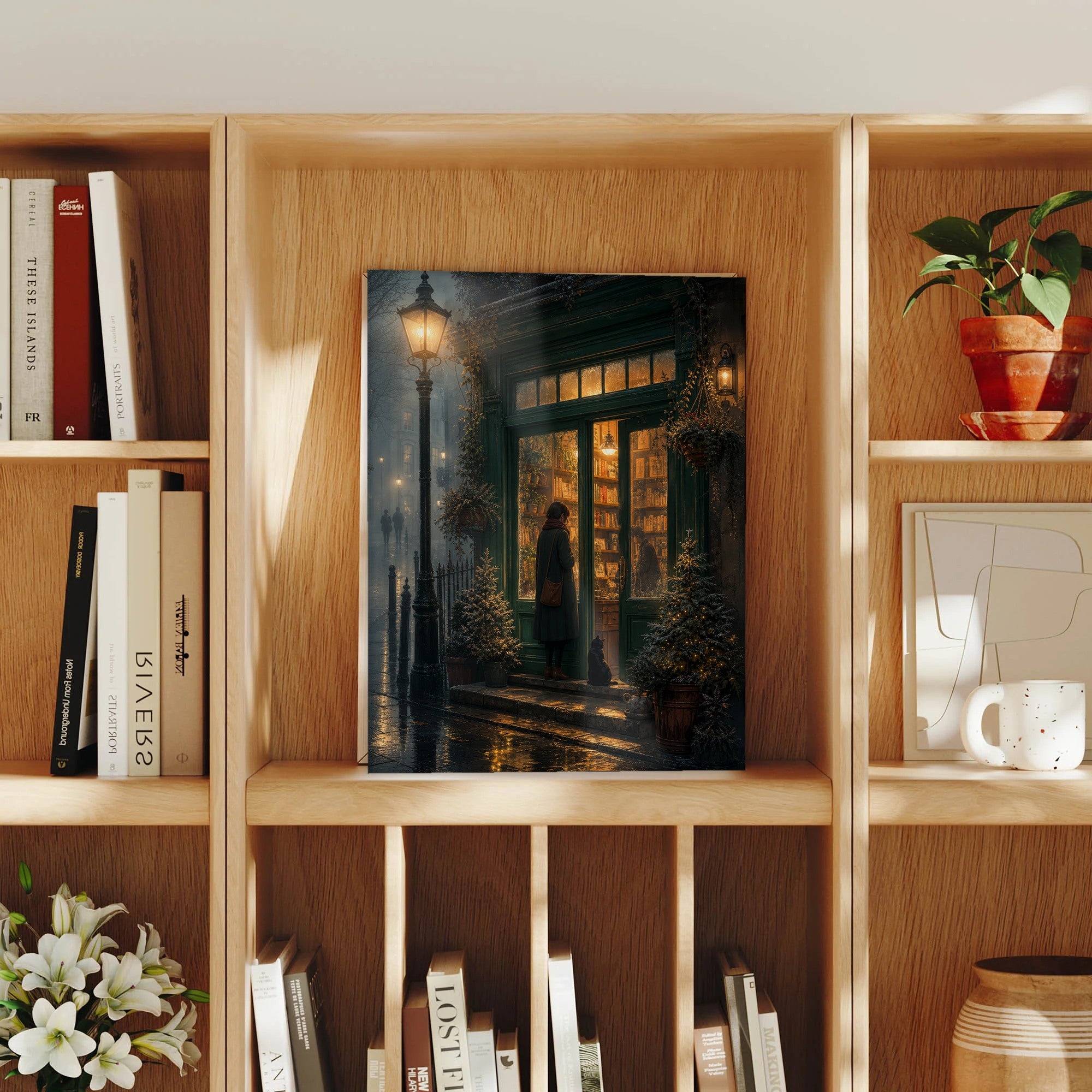 Notting Hill London Fogbound Midnight Bookshop framed wall art print mockup by Seji Art