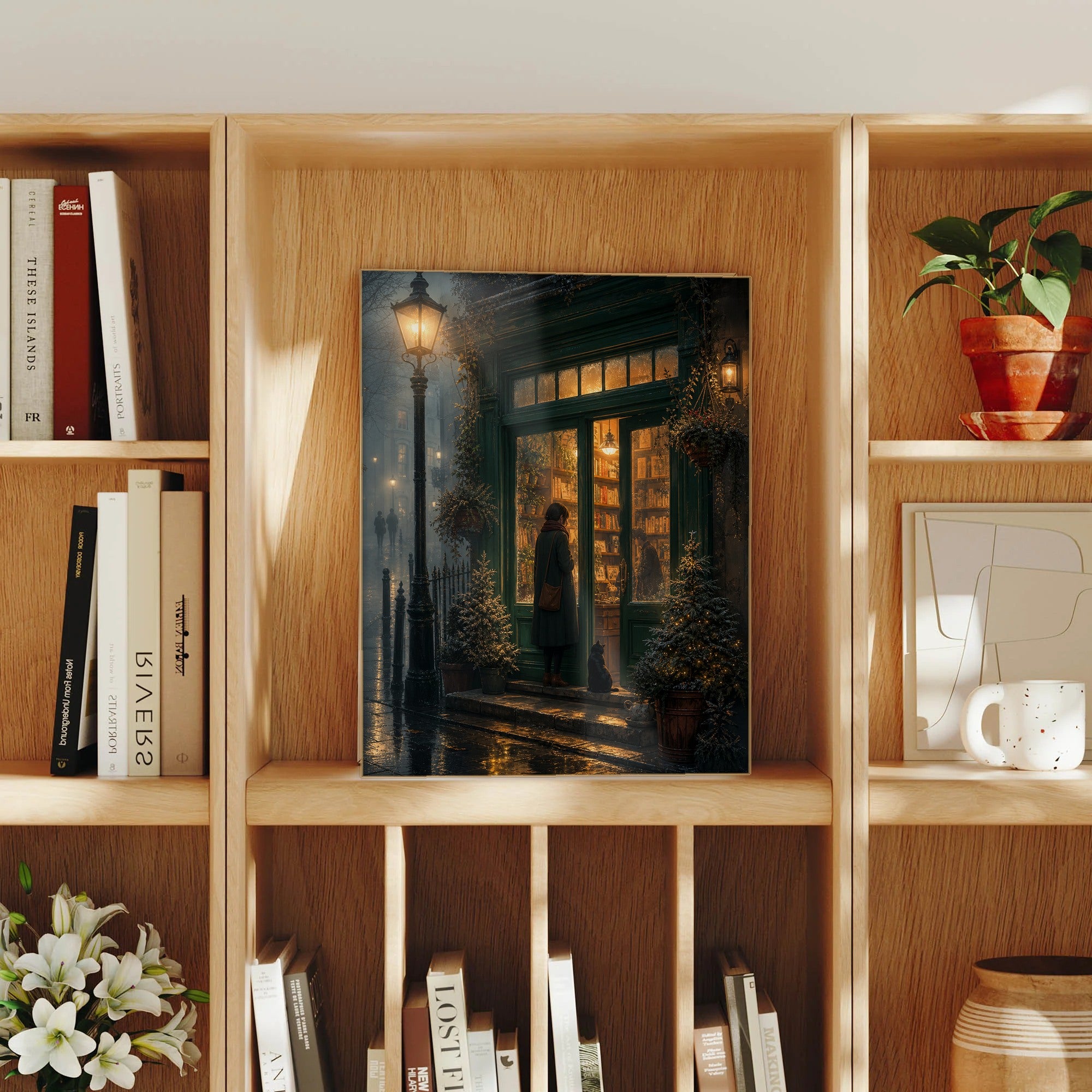 Notting Hill London Fogbound Midnight Bookshop framed wall art print mockup by Seji Art