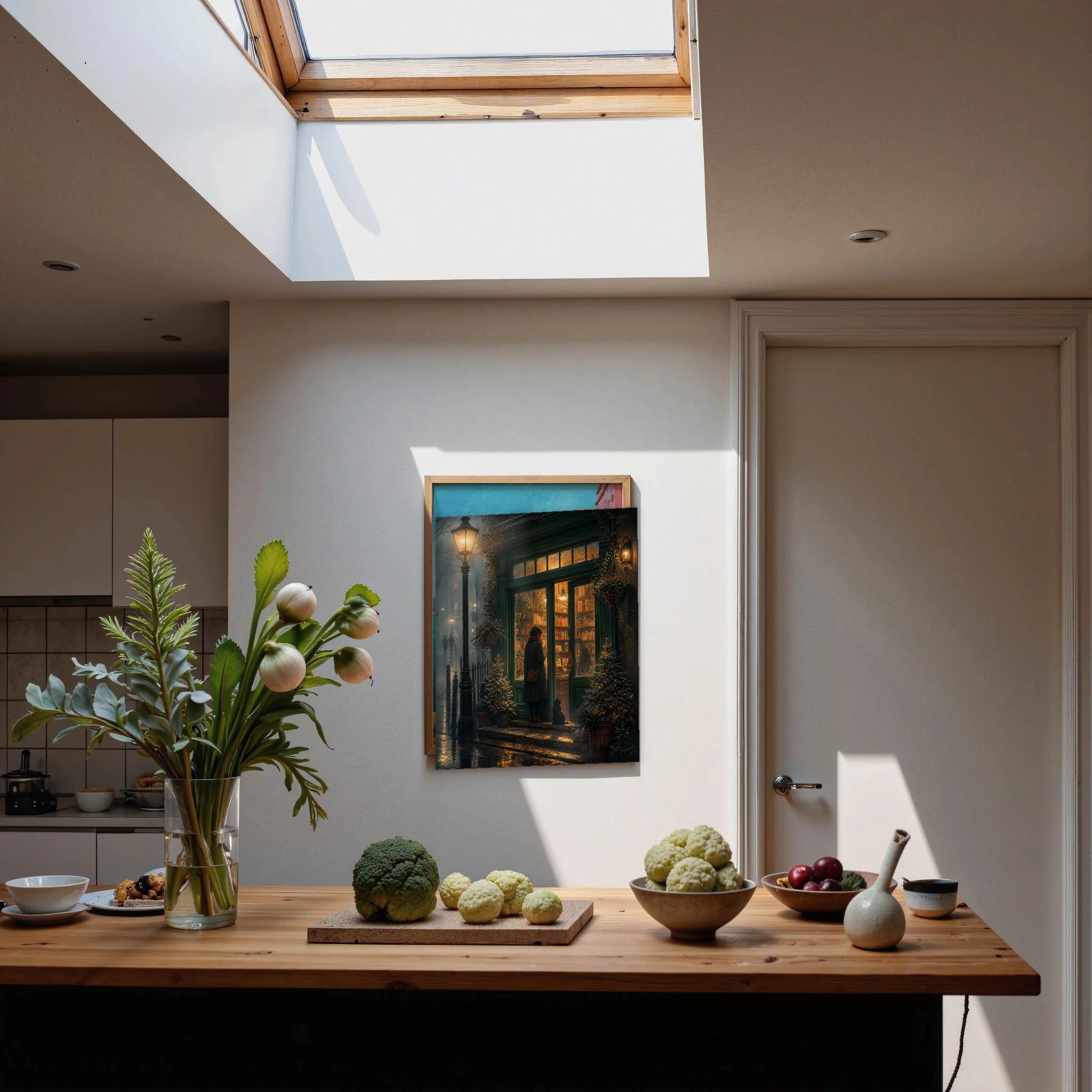 Notting Hill London Fogbound Midnight Bookshop framed wall art print mockup by Seji Art