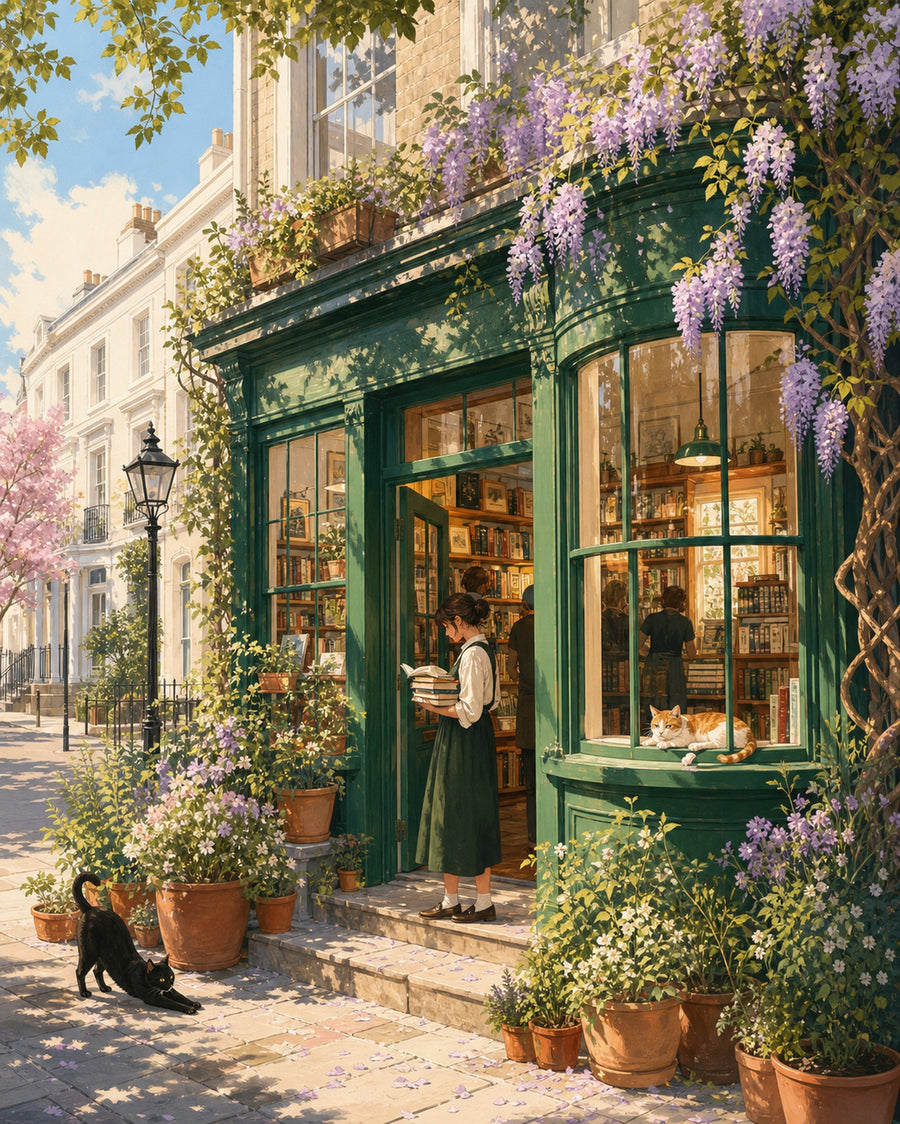 Notting Hill London Wisteria Morning Bookshop wall art print by Seji Art