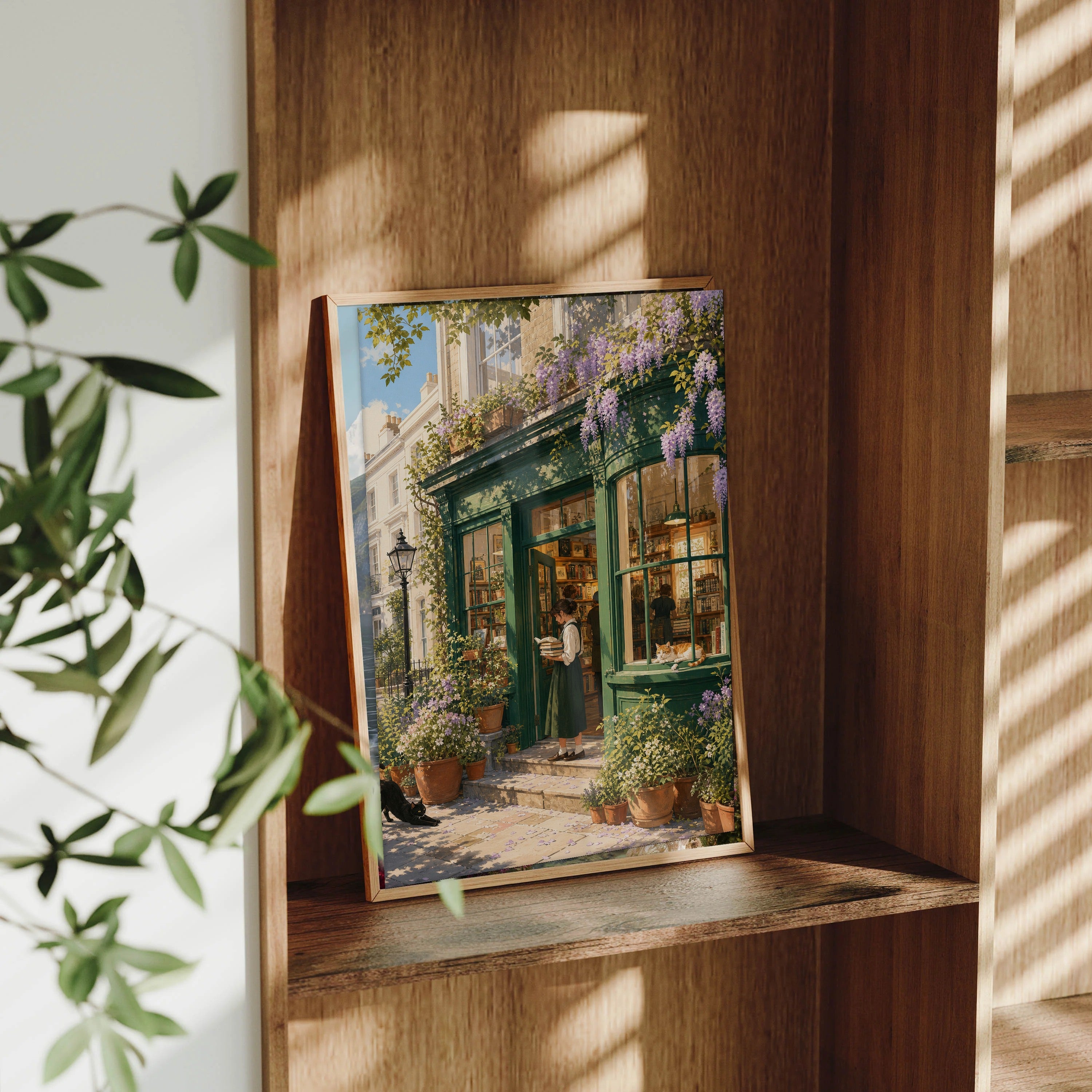 Notting Hill London Wisteria Morning Bookshop framed wall art print mockup by Seji Art
