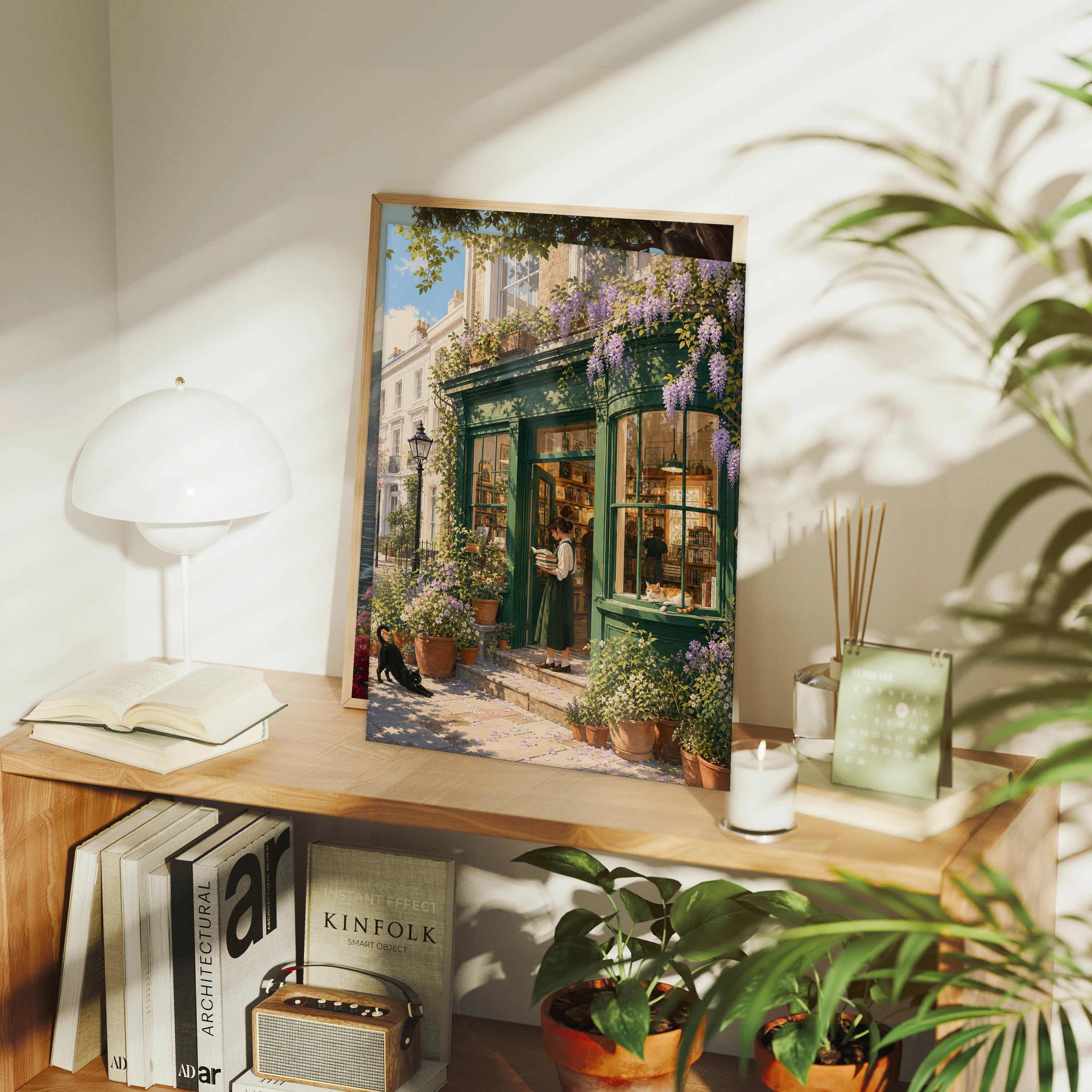 Notting Hill London Wisteria Morning Bookshop framed wall art print mockup by Seji Art