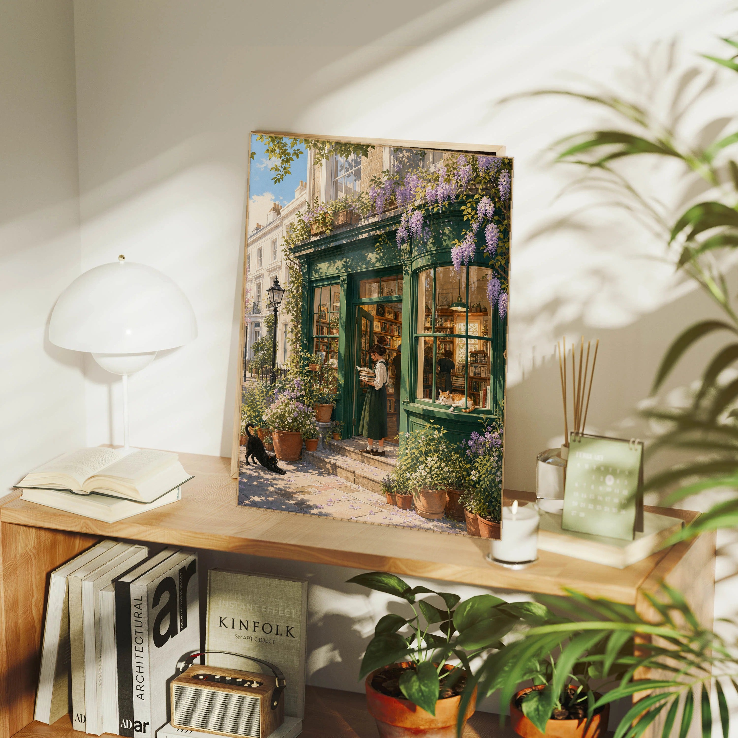 Notting Hill London Wisteria Morning Bookshop framed wall art print mockup by Seji Art