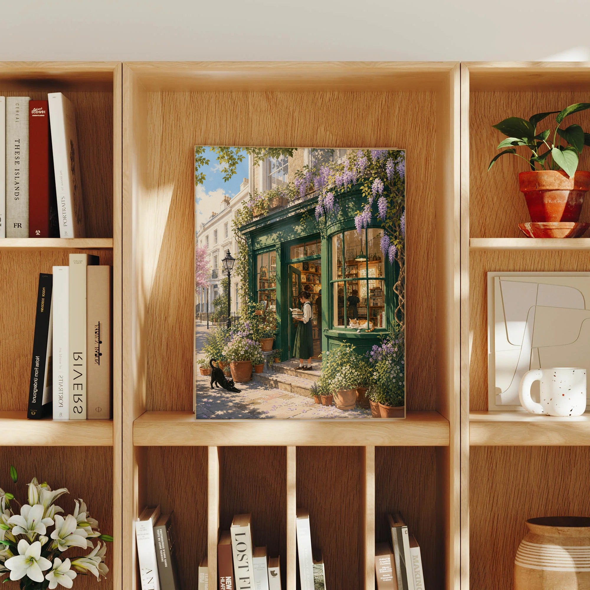 Notting Hill London Wisteria Morning Bookshop framed wall art print mockup by Seji Art