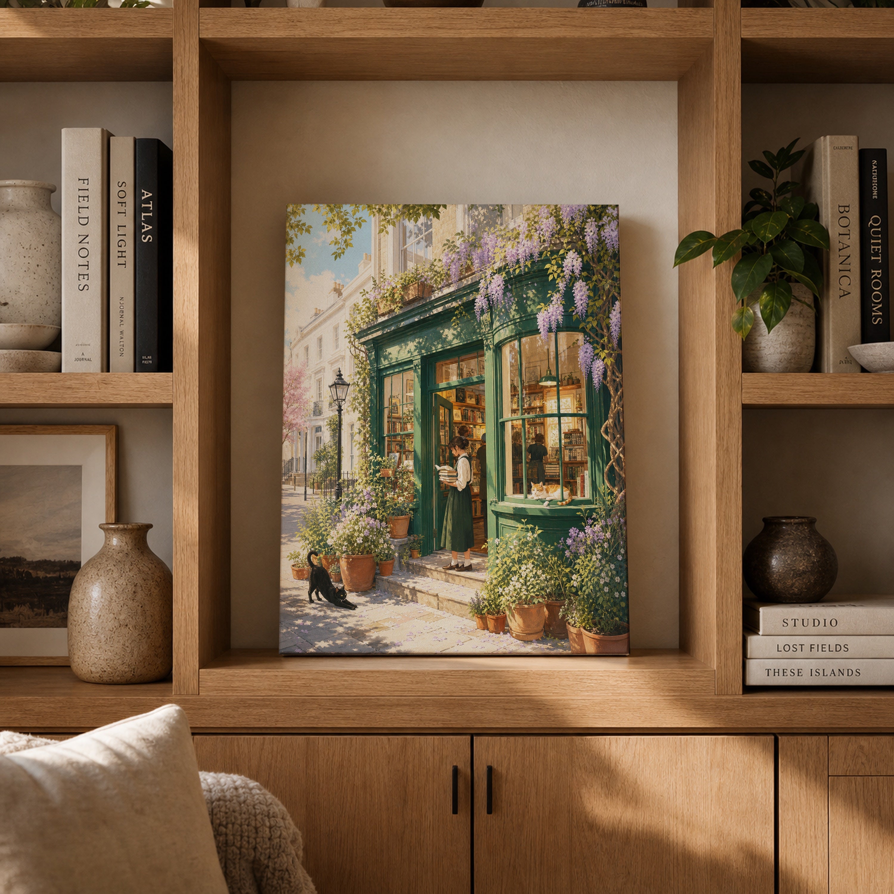 Notting Hill Wisteria Bookstore canvas gallery shelf mockup by Seji Art