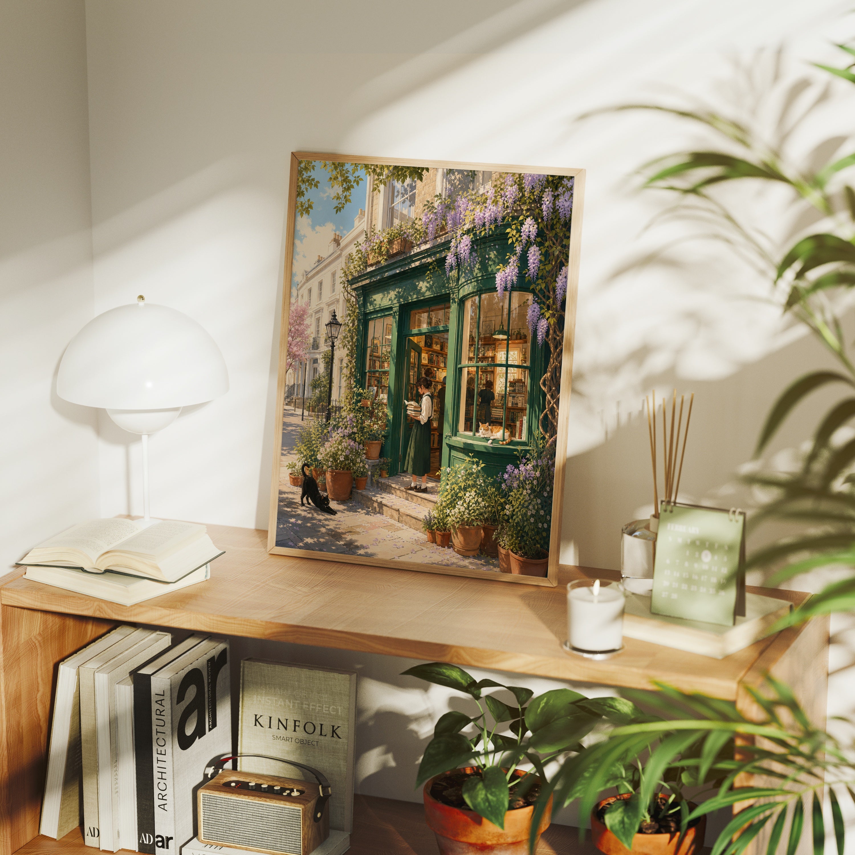 Notting Hill Wisteria Bookstore poster framed room mockup by Seji Art