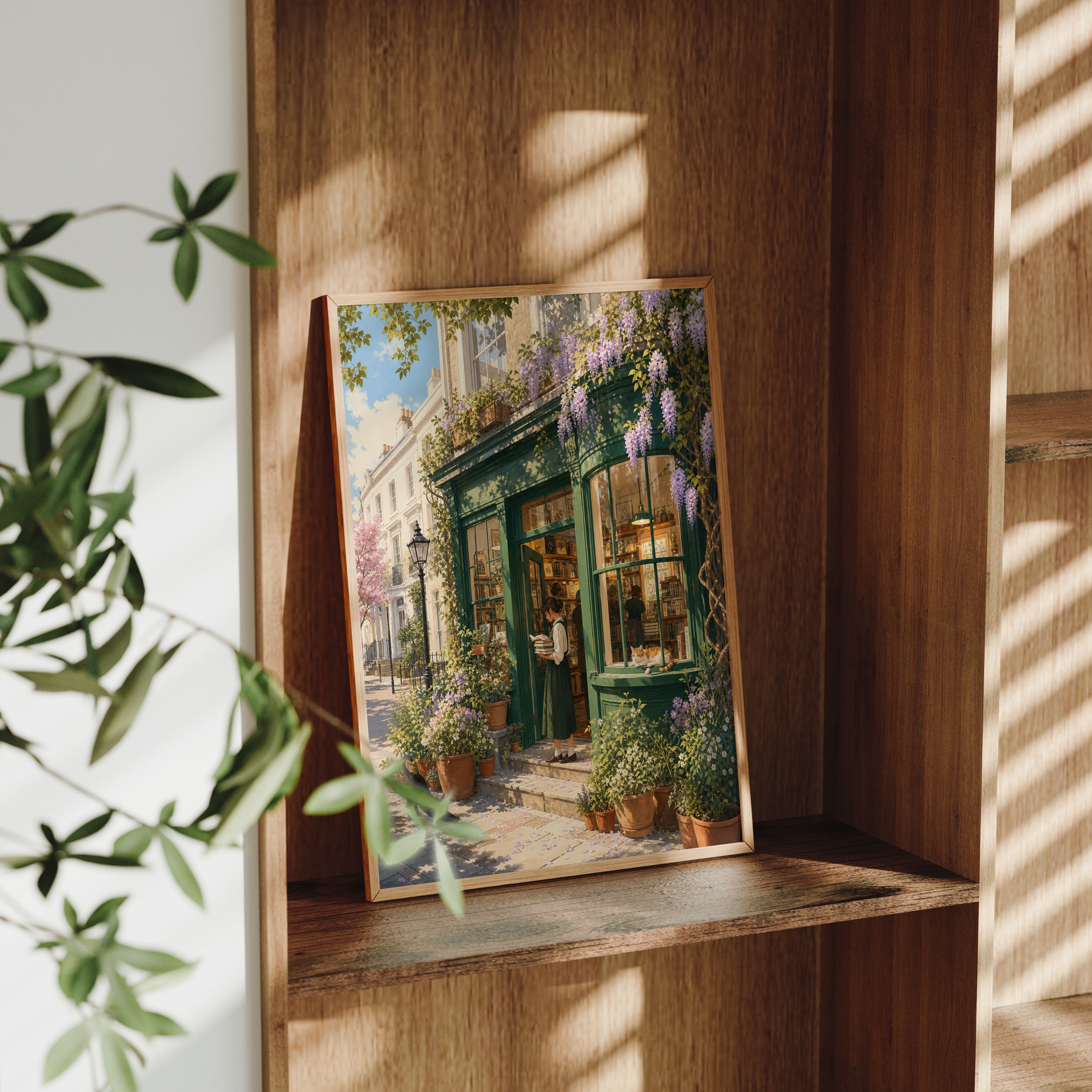 Notting Hill Wisteria Bookstore poster gallery shelf mockup by Seji Art
