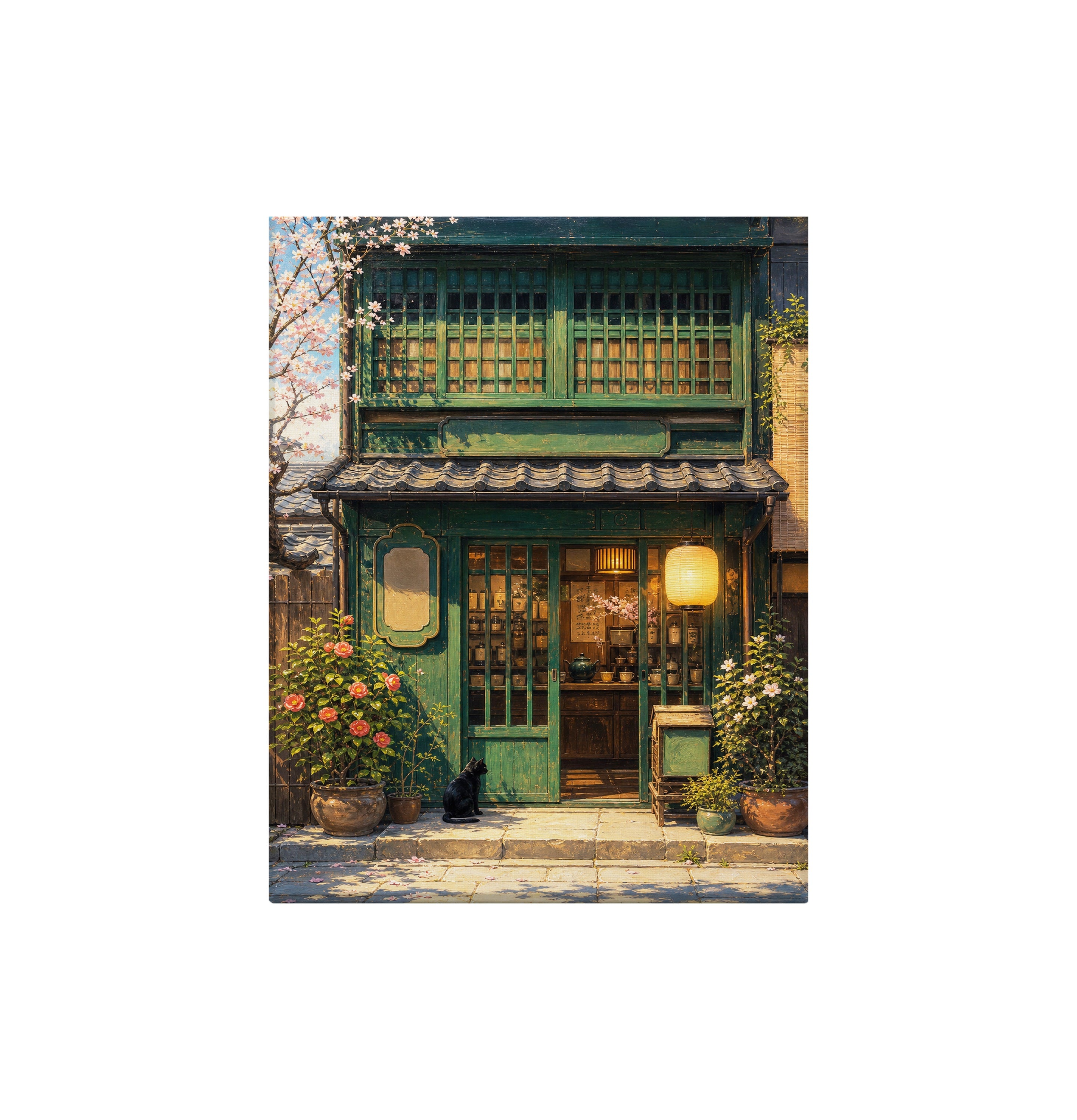 Old Town Green Storefront canvas wall art preview by Seji Art