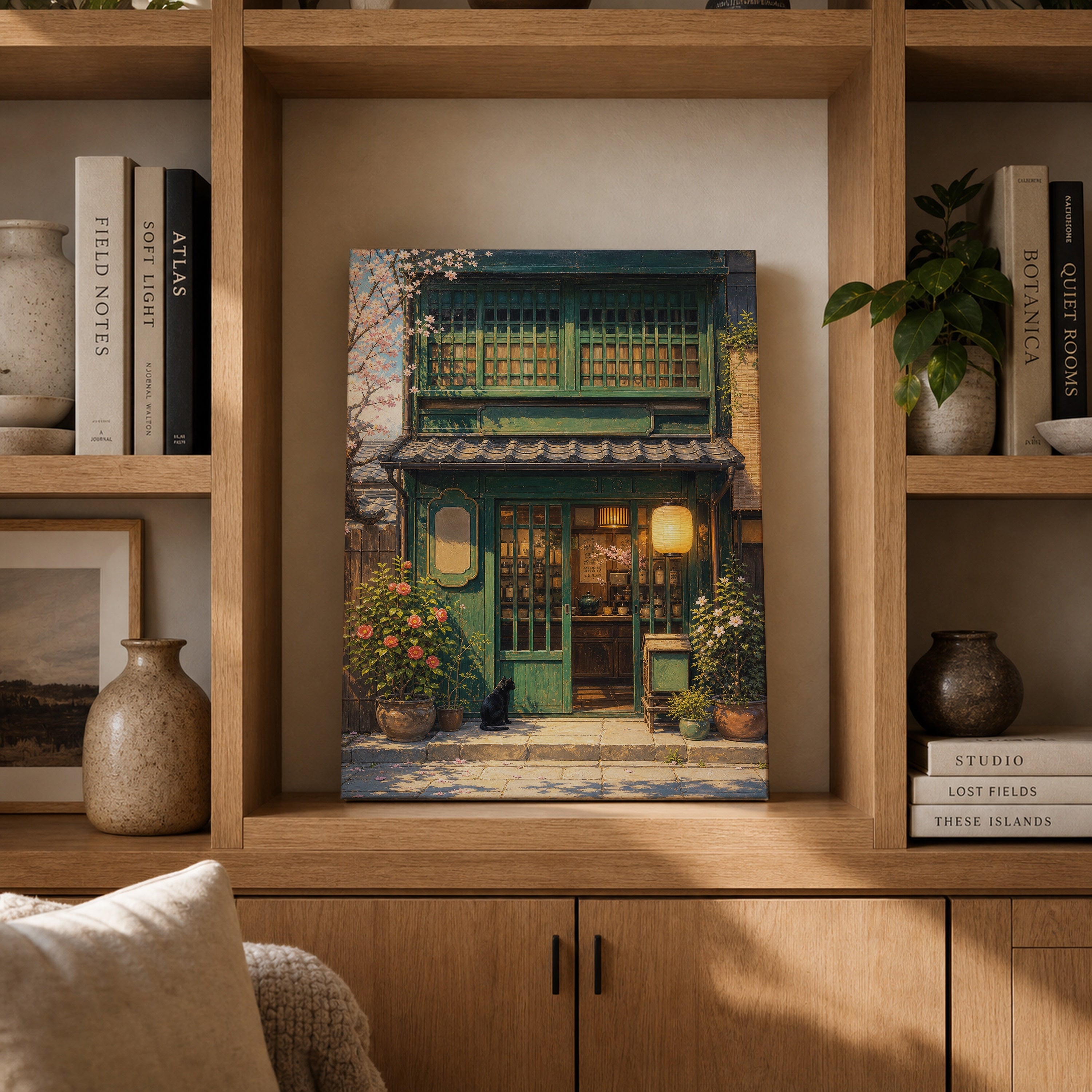 Old Town Green Storefront canvas gallery shelf mockup by Seji Art