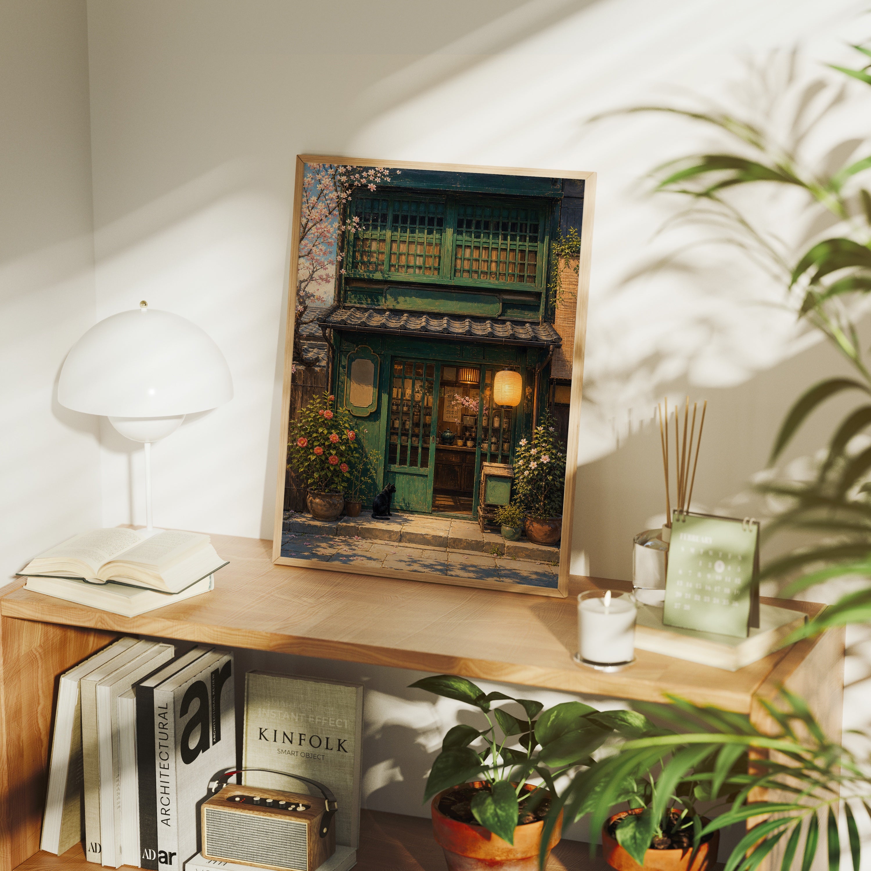 Old Town Green Storefront poster framed room mockup by Seji Art