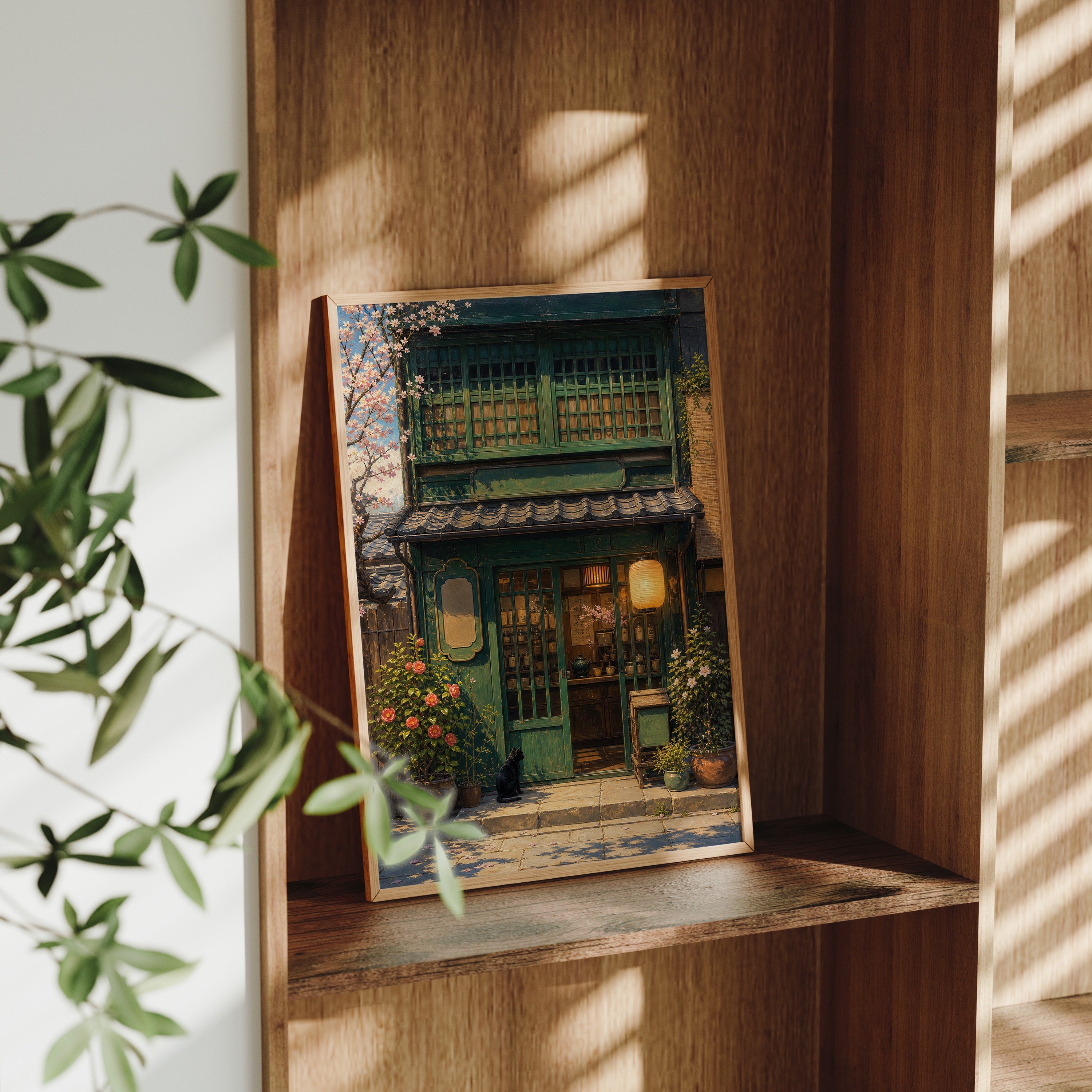 Old Town Green Storefront poster gallery shelf mockup by Seji Art