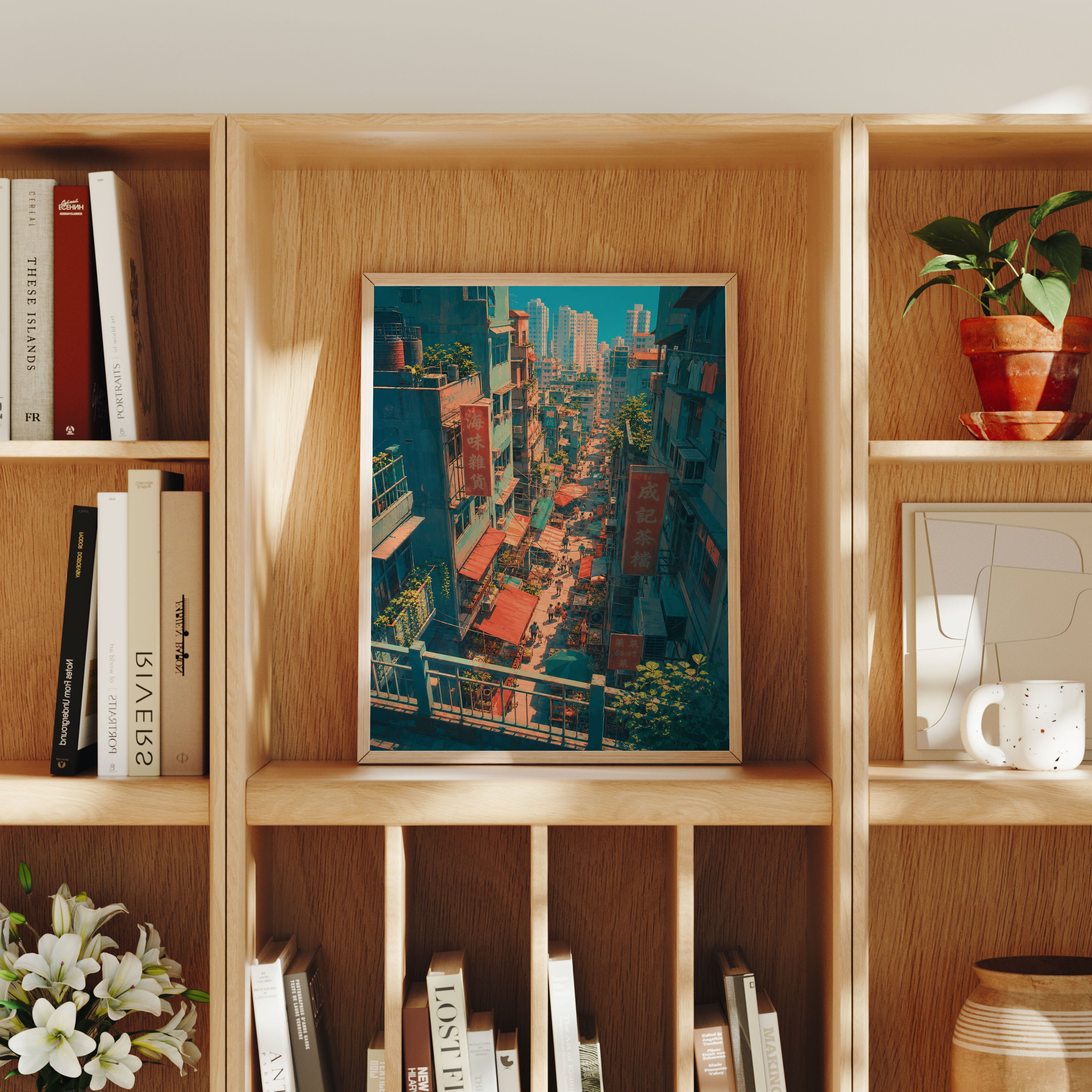 Senkoji Onomichi Hillside poster gallery shelf mockup by Seji Art