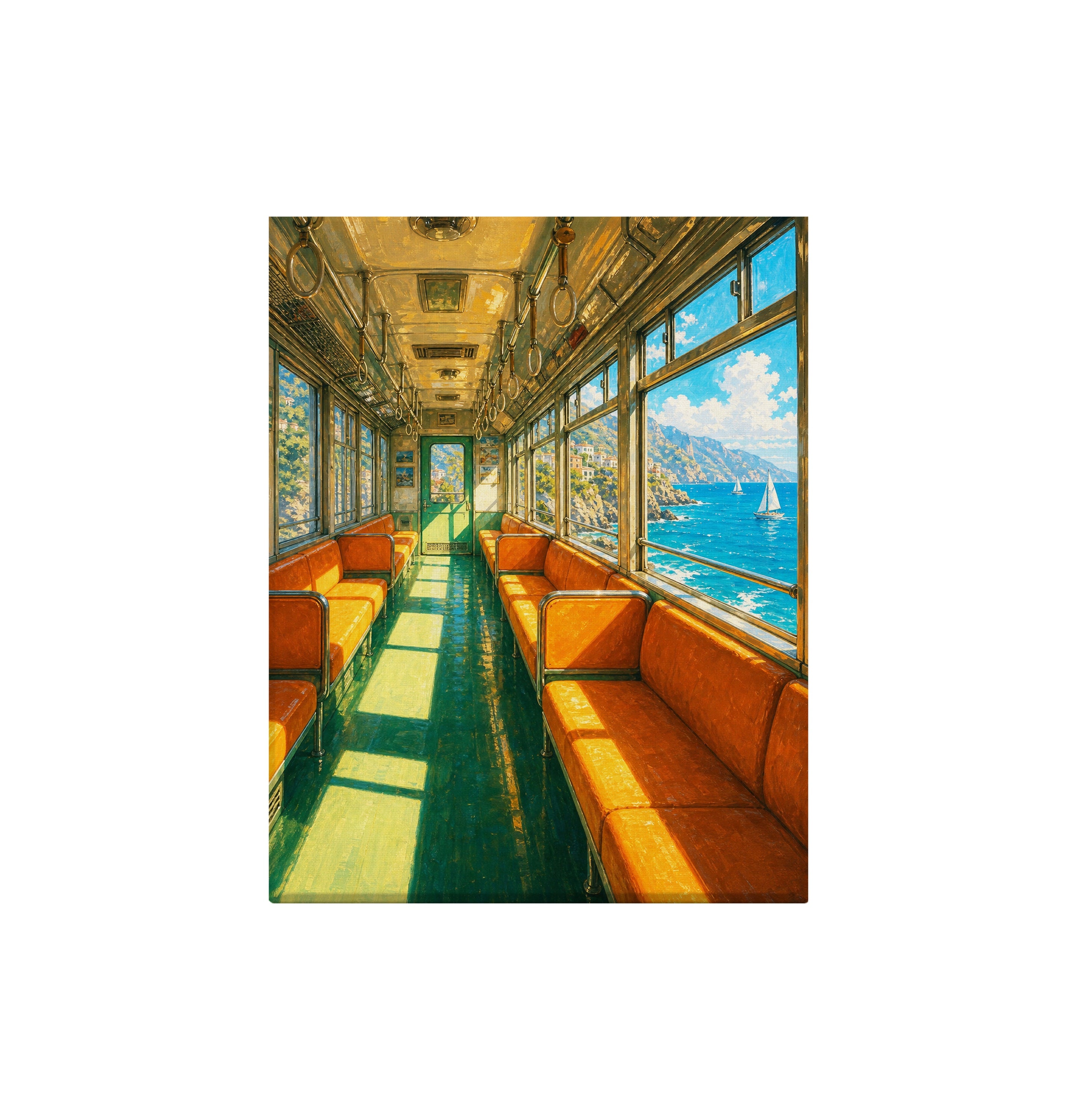 Orange Vintage Train Ocean View canvas wall art preview by Seji Art