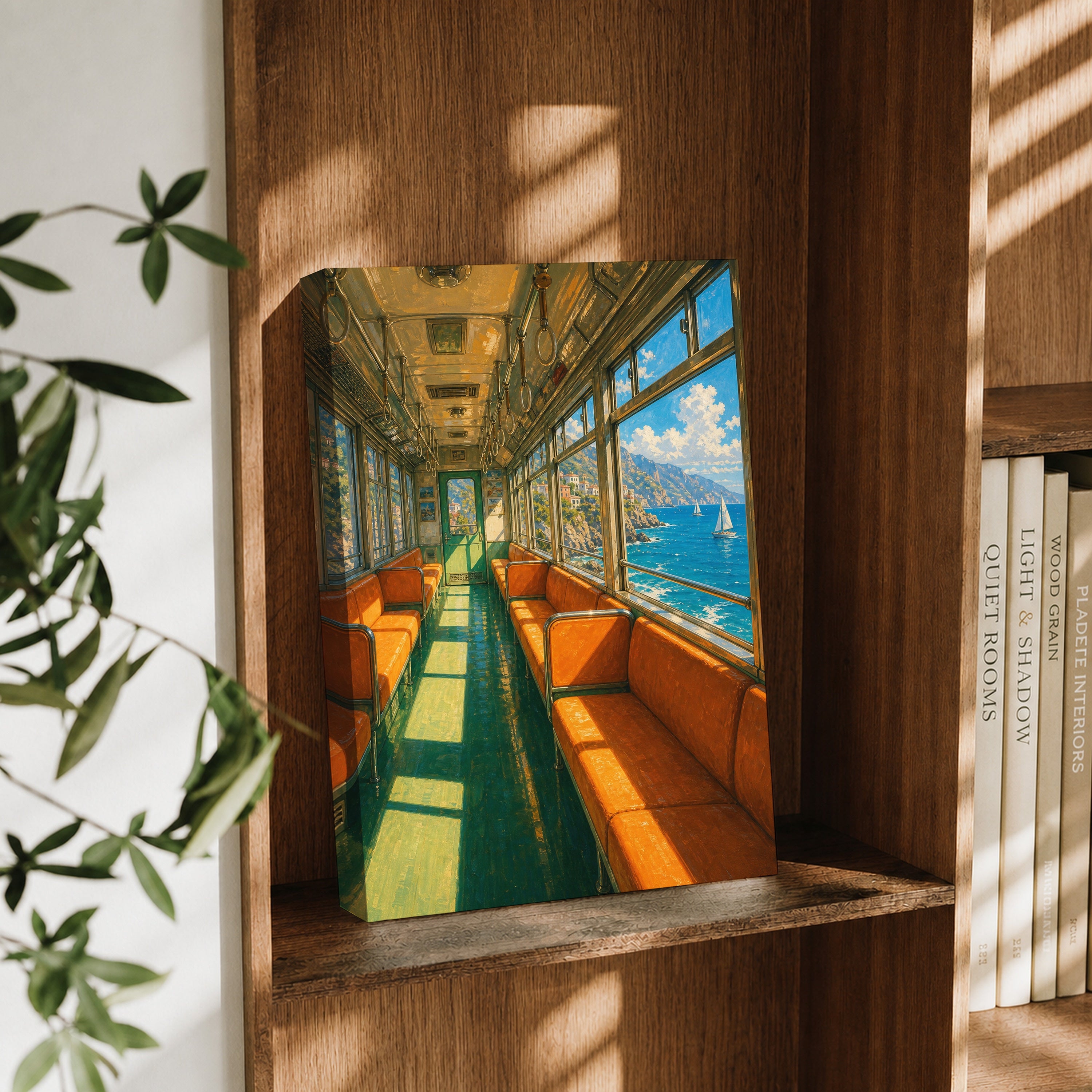 Orange Vintage Train Ocean View canvas wall art decor mockup by Seji Art