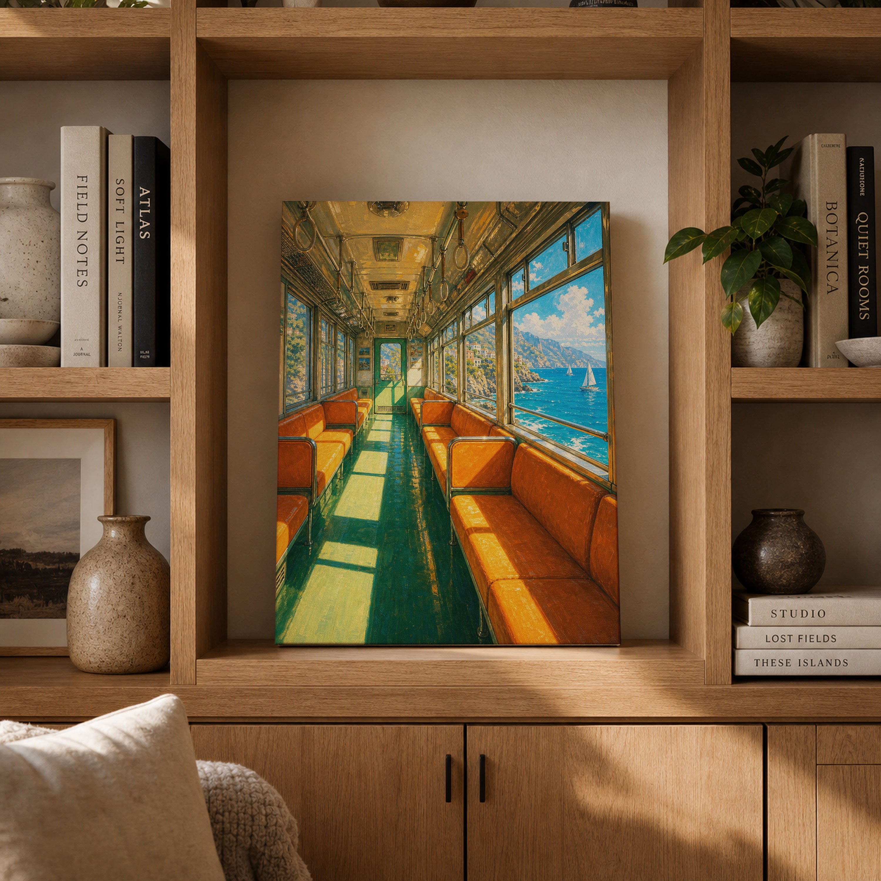 Orange Vintage Train Ocean View canvas gallery shelf mockup by Seji Art