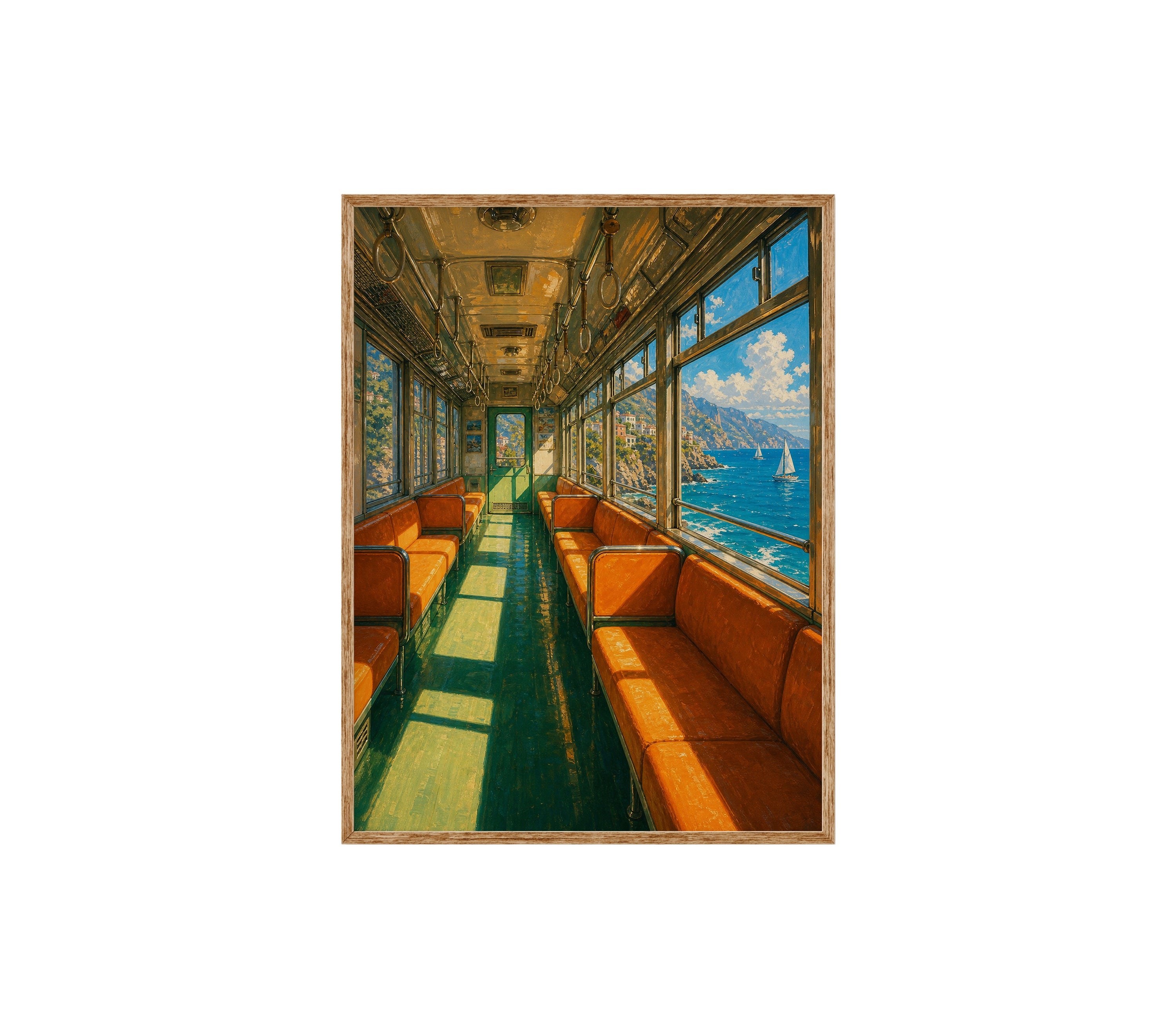 Orange Vintage Train Ocean View poster print preview by Seji Art