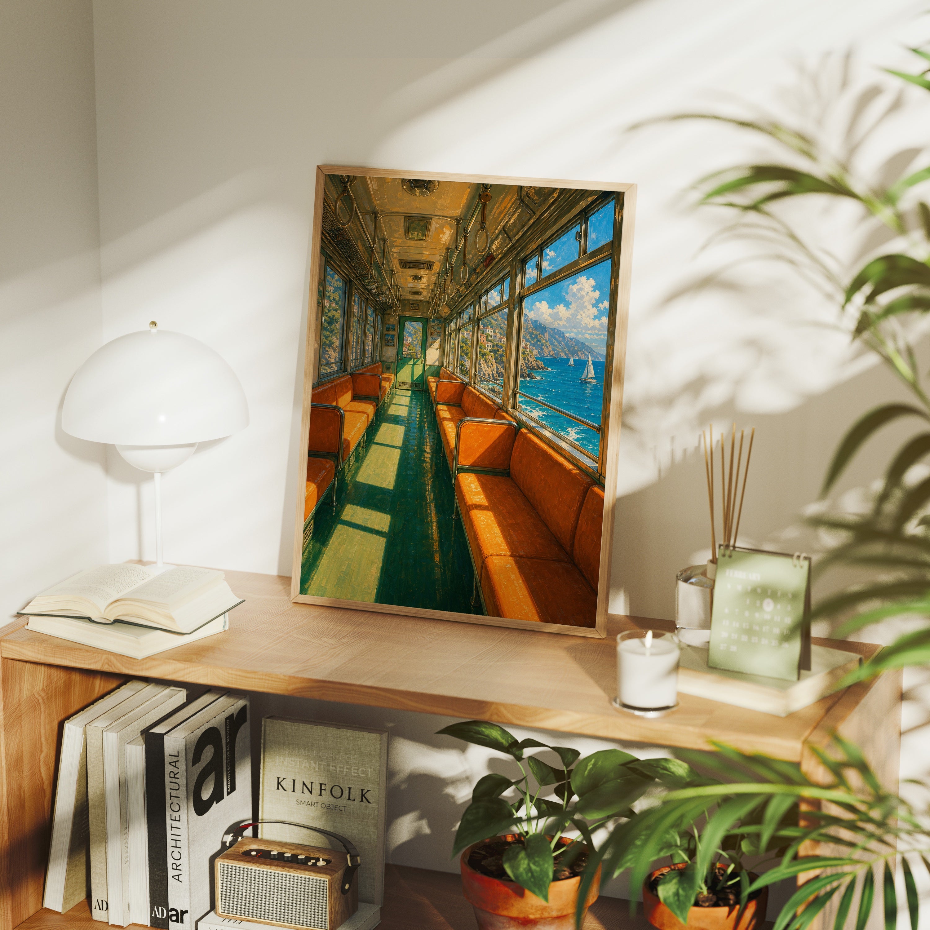 Orange Vintage Train Ocean View poster framed room mockup by Seji Art