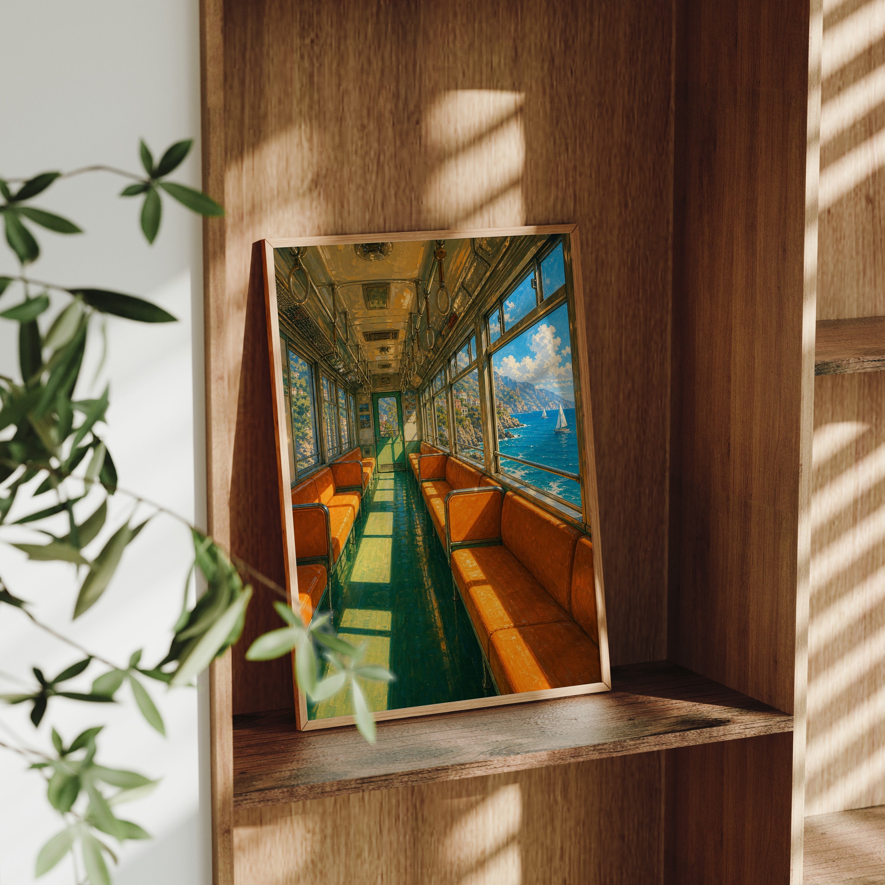 Orange Vintage Train Ocean View poster gallery shelf mockup by Seji Art