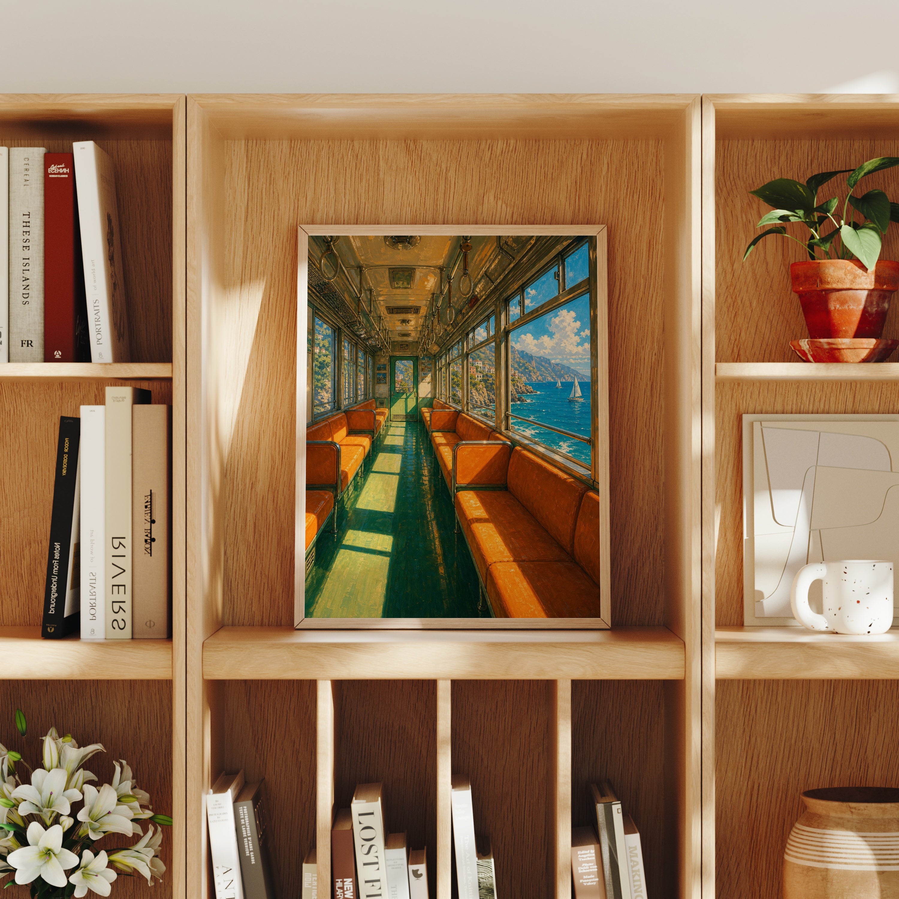 Orange Vintage Train Ocean View poster home decor mockup by Seji Art