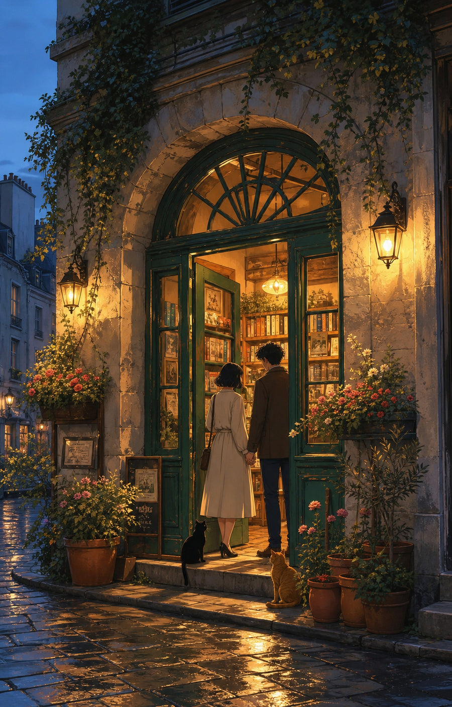 Paris Left Bank Blue Hour Bookshop Doorway wall art print by Seji Art
