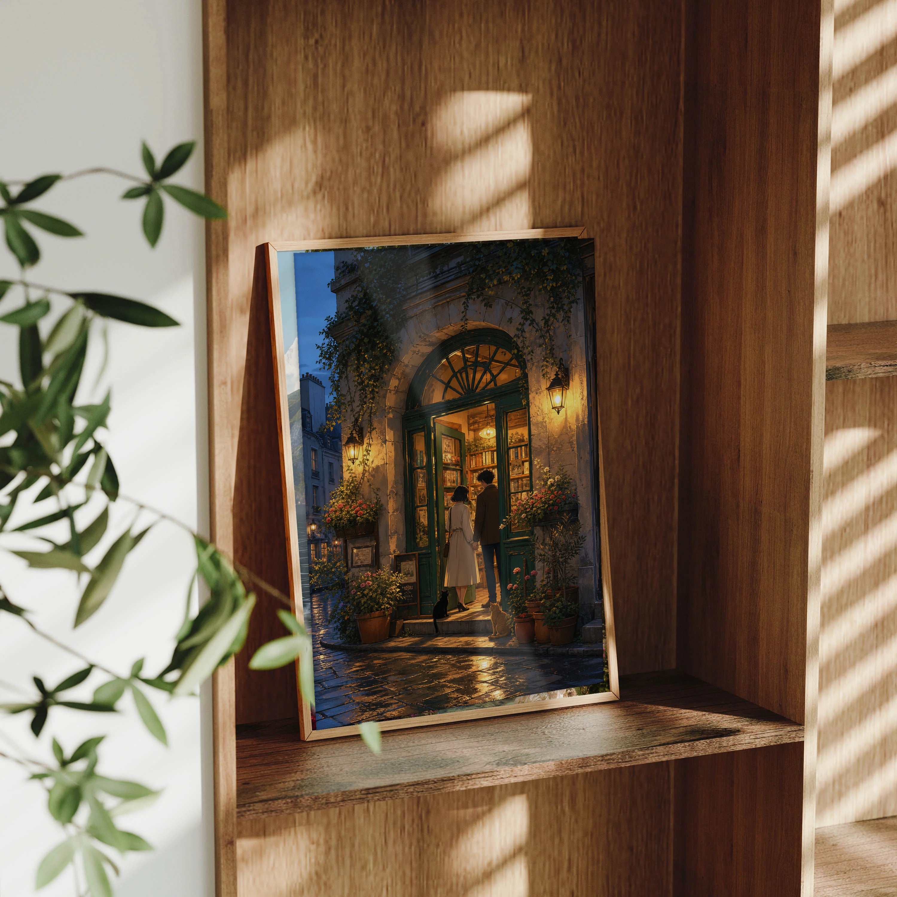 Paris Left Bank Blue Hour Bookshop Doorway framed wall art print mockup by Seji Art