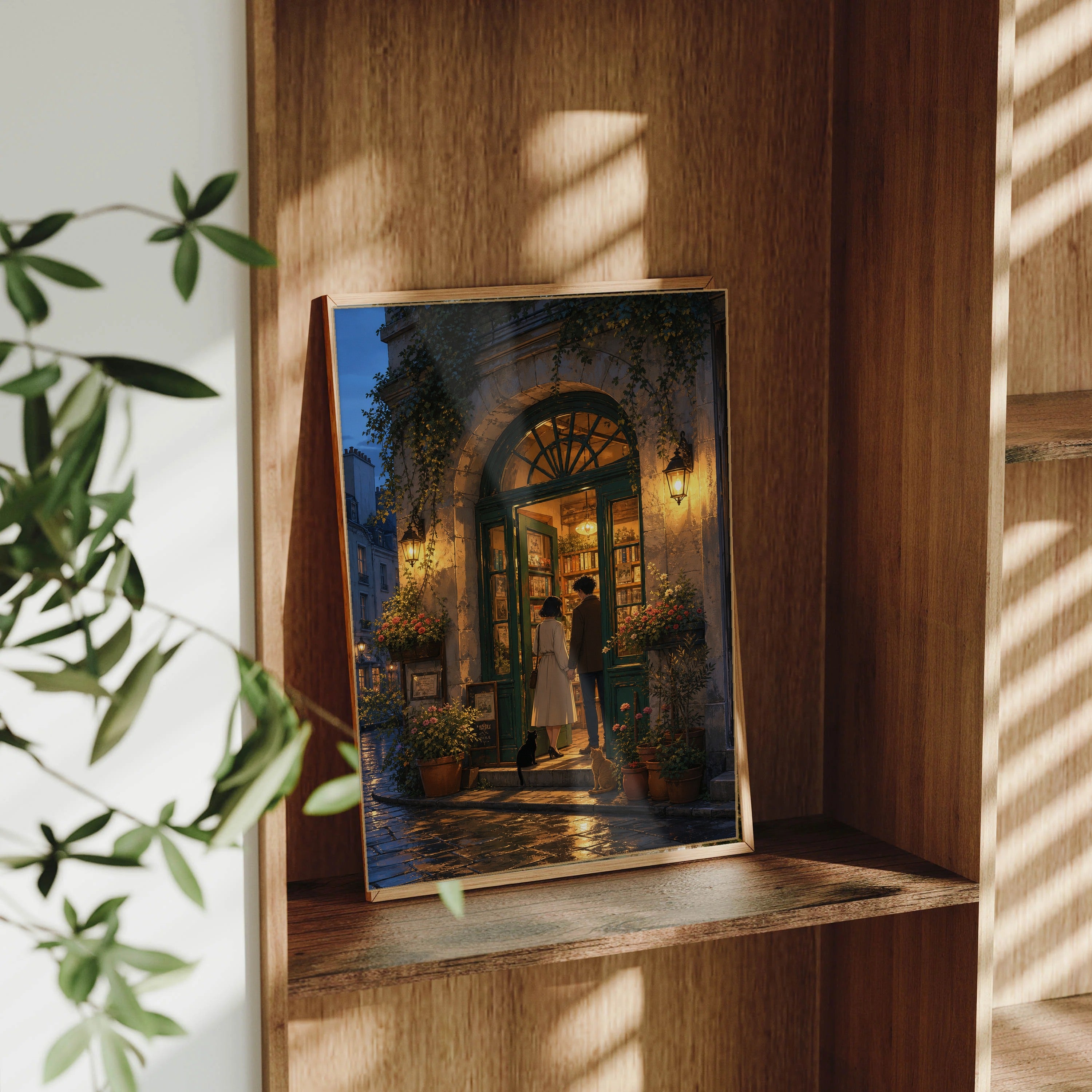 Paris Left Bank Blue Hour Bookshop Doorway framed wall art print mockup by Seji Art