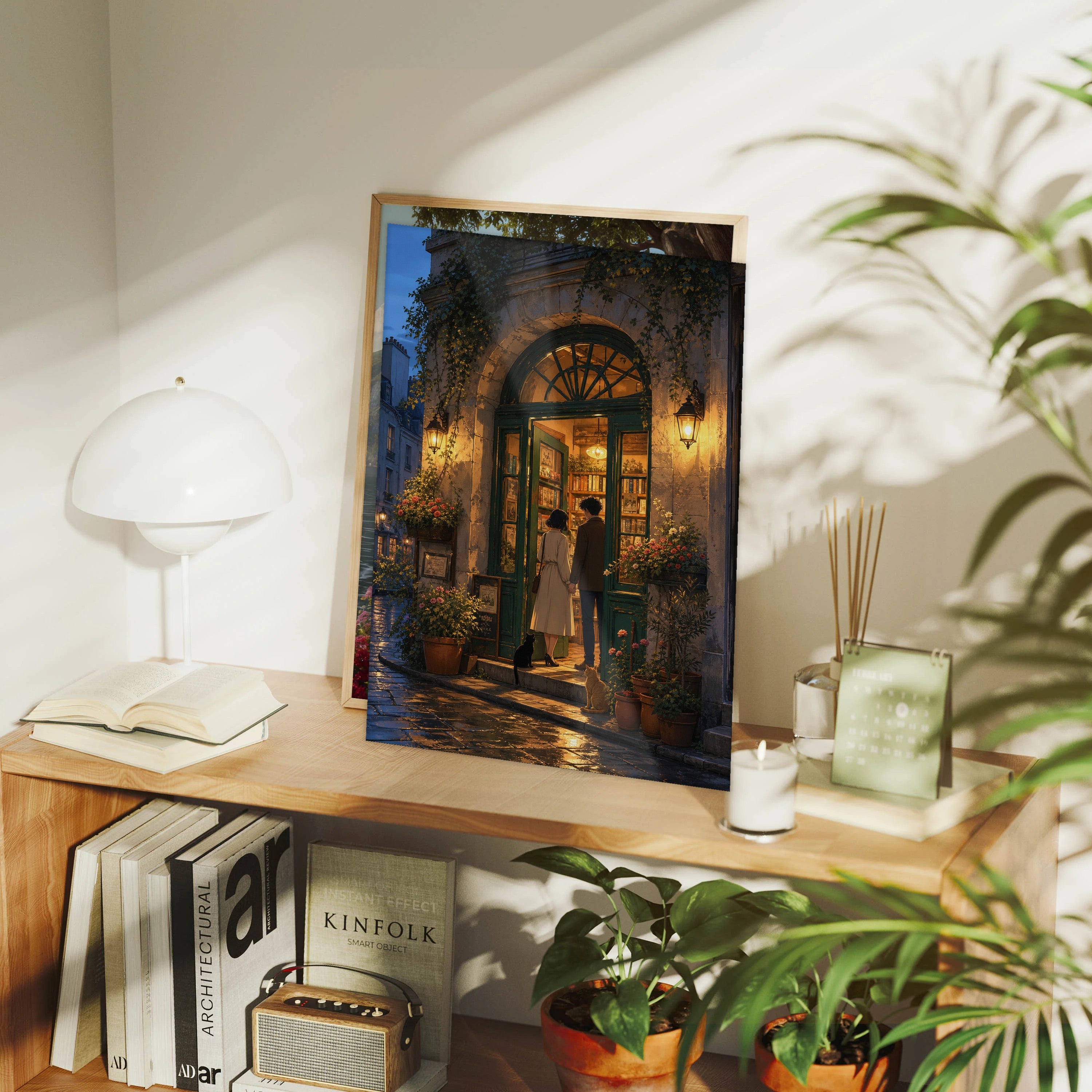 Paris Left Bank Blue Hour Bookshop Doorway framed wall art print mockup by Seji Art