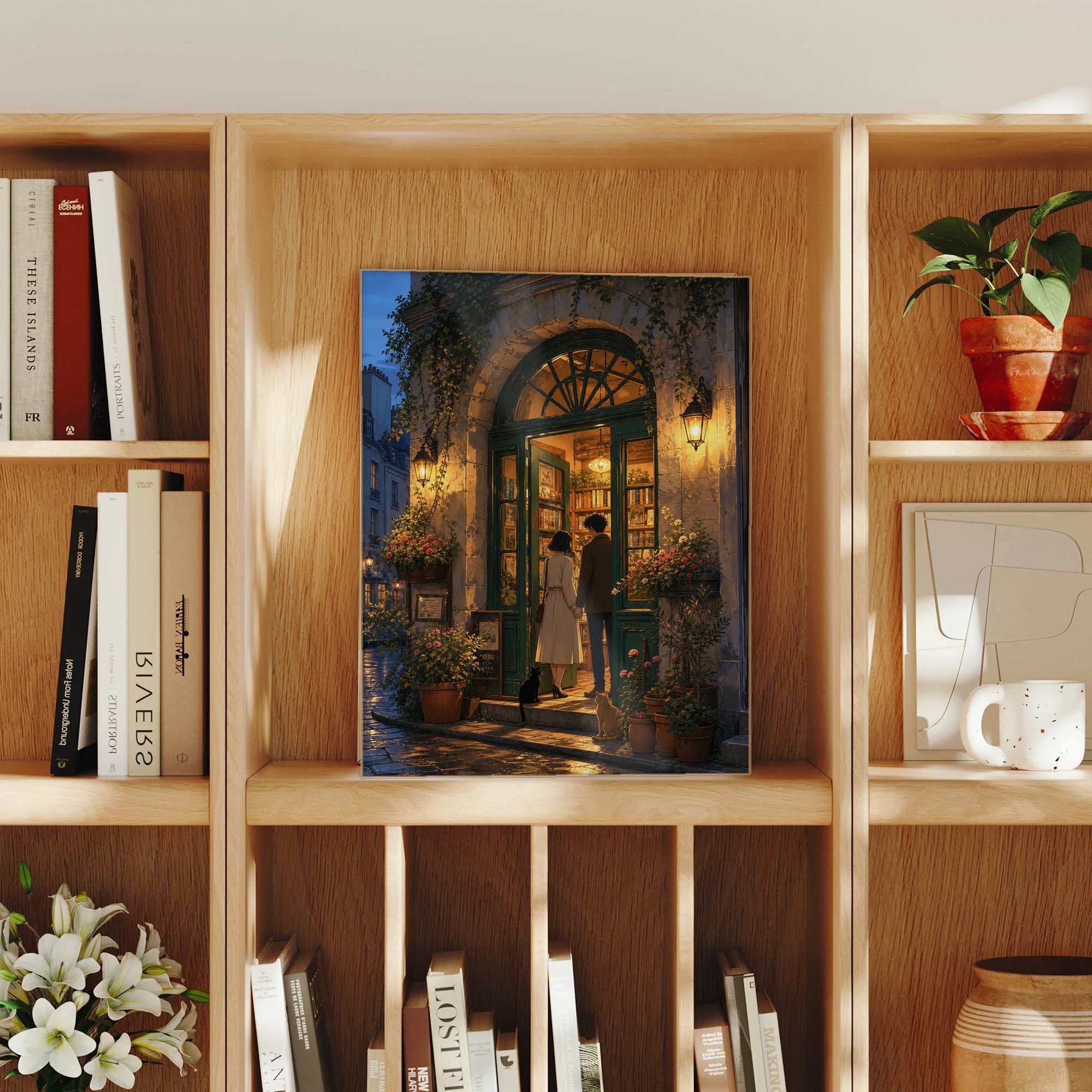 Paris Left Bank Blue Hour Bookshop Doorway framed wall art print mockup by Seji Art