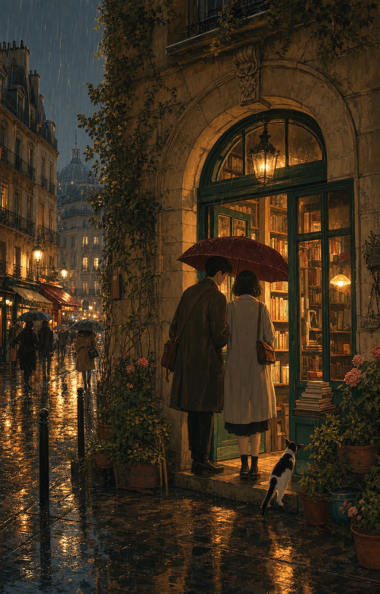 Paris Passage Rain Bookshop wall art print by Seji Art