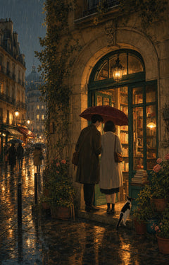 Paris Passage Rain Bookshop wall art print by Seji Art